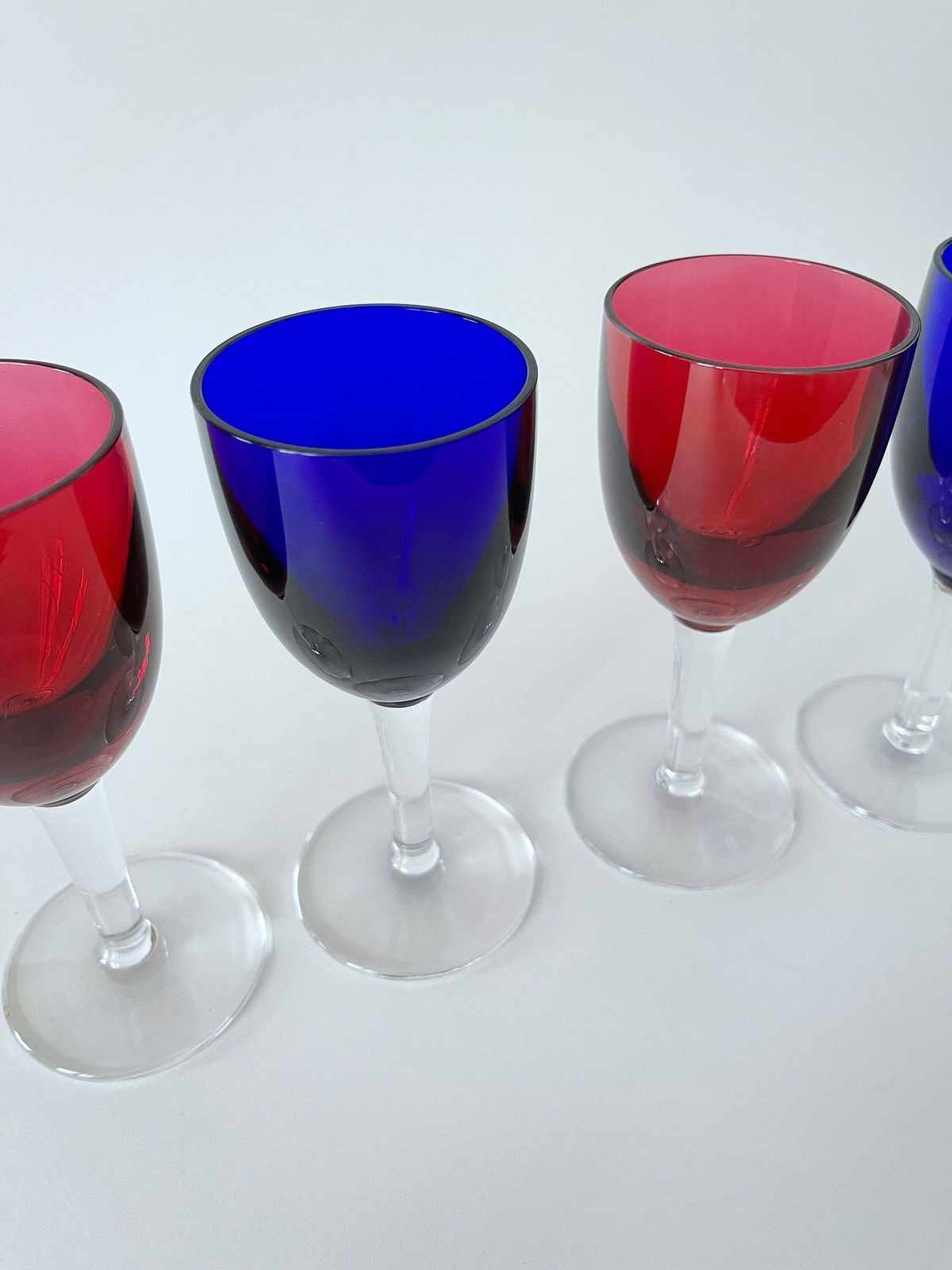 French Vintage Red And Blue Wine Glasses. Set Of 4 Coloured Glasses photo furniture