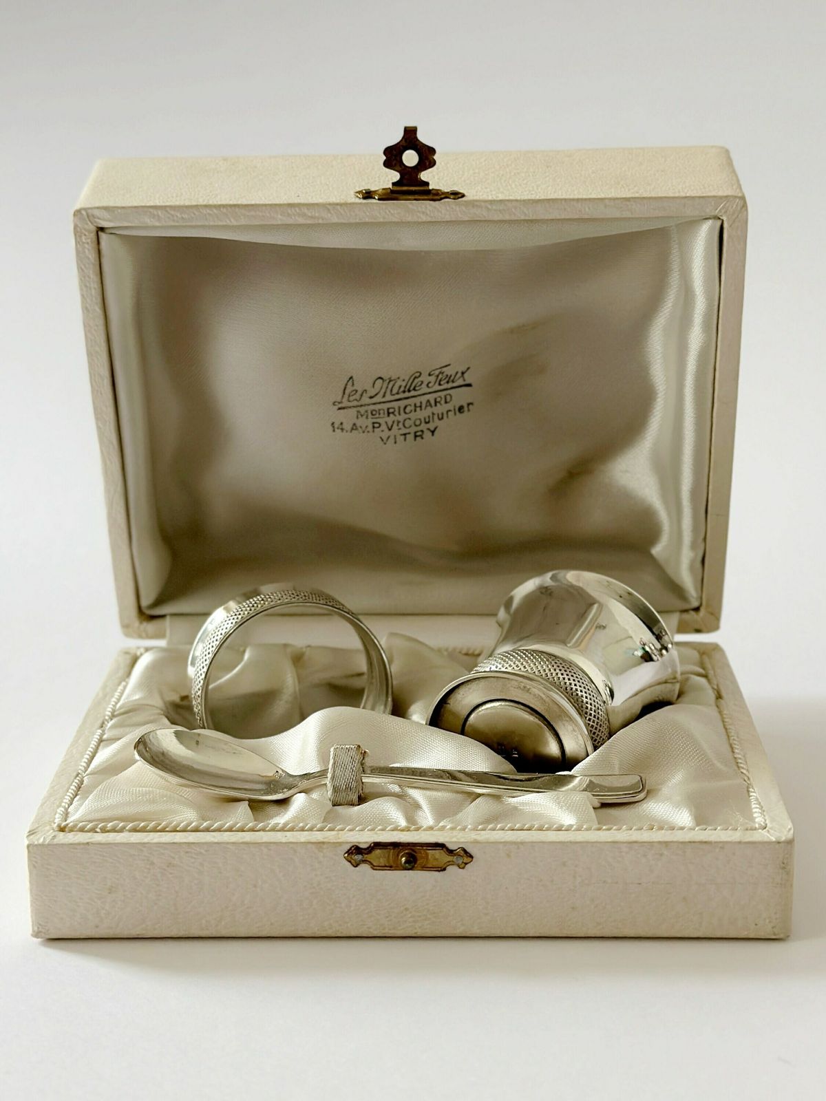 Vintage Silver Plated Baptism Gift Box. Napkin Ring, Spoon, Tumbler For Baptism photo furniture