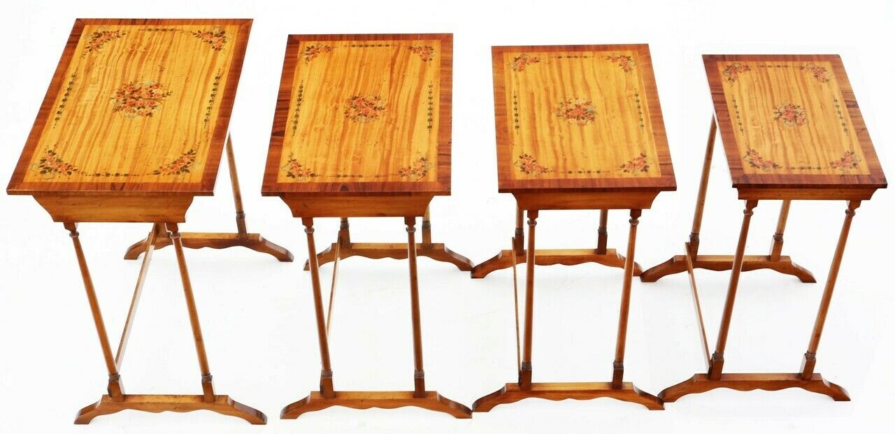 Antique Retro Vintage Fine Quality Decorated Satinwood Nest Of 4 Georgian Revival Tables C1960 photo for sale