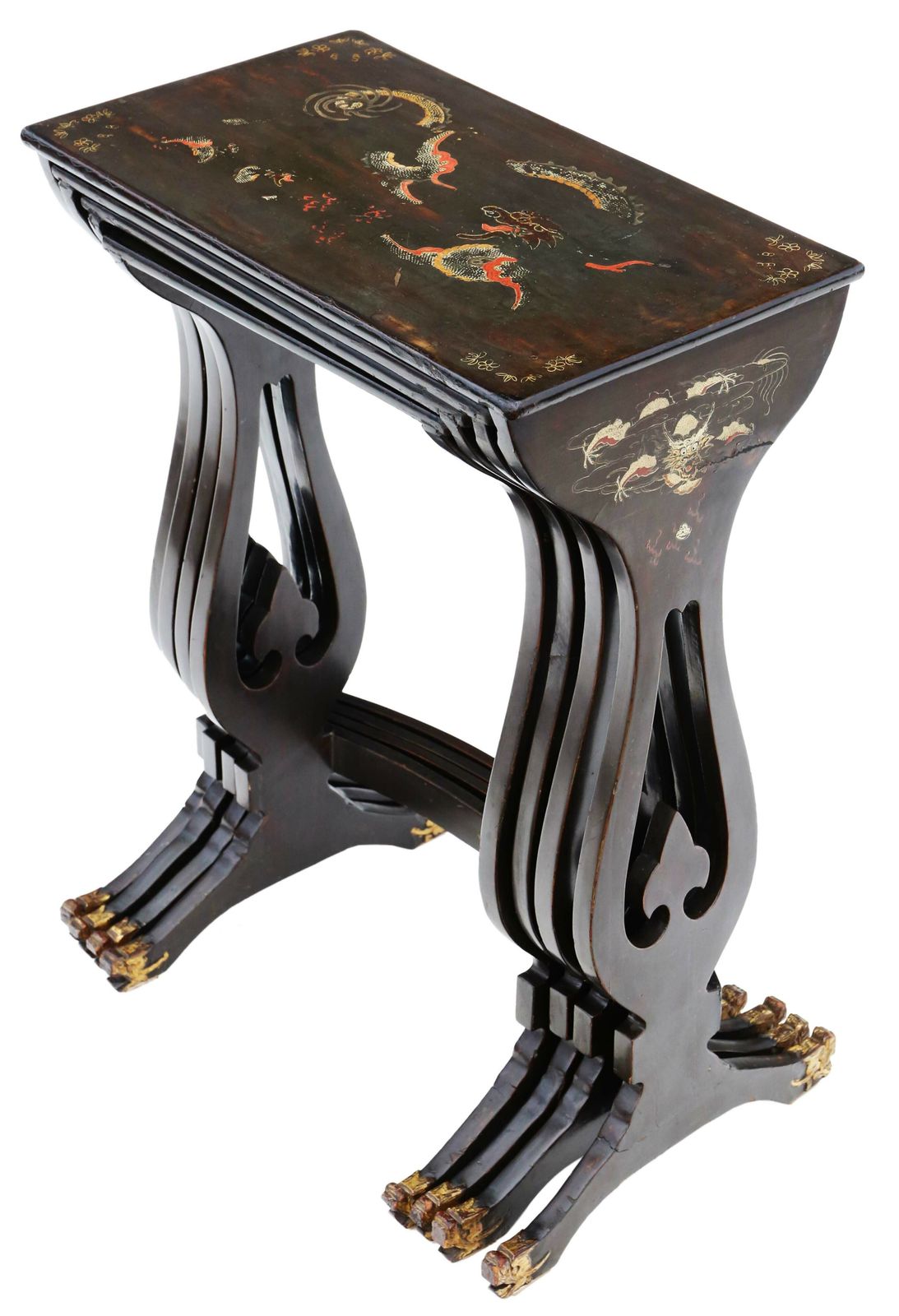 Antique Fine Quality Chinoiserie Decorated Black Lacquer Nest Of 4 19th Century Tables photo furniture