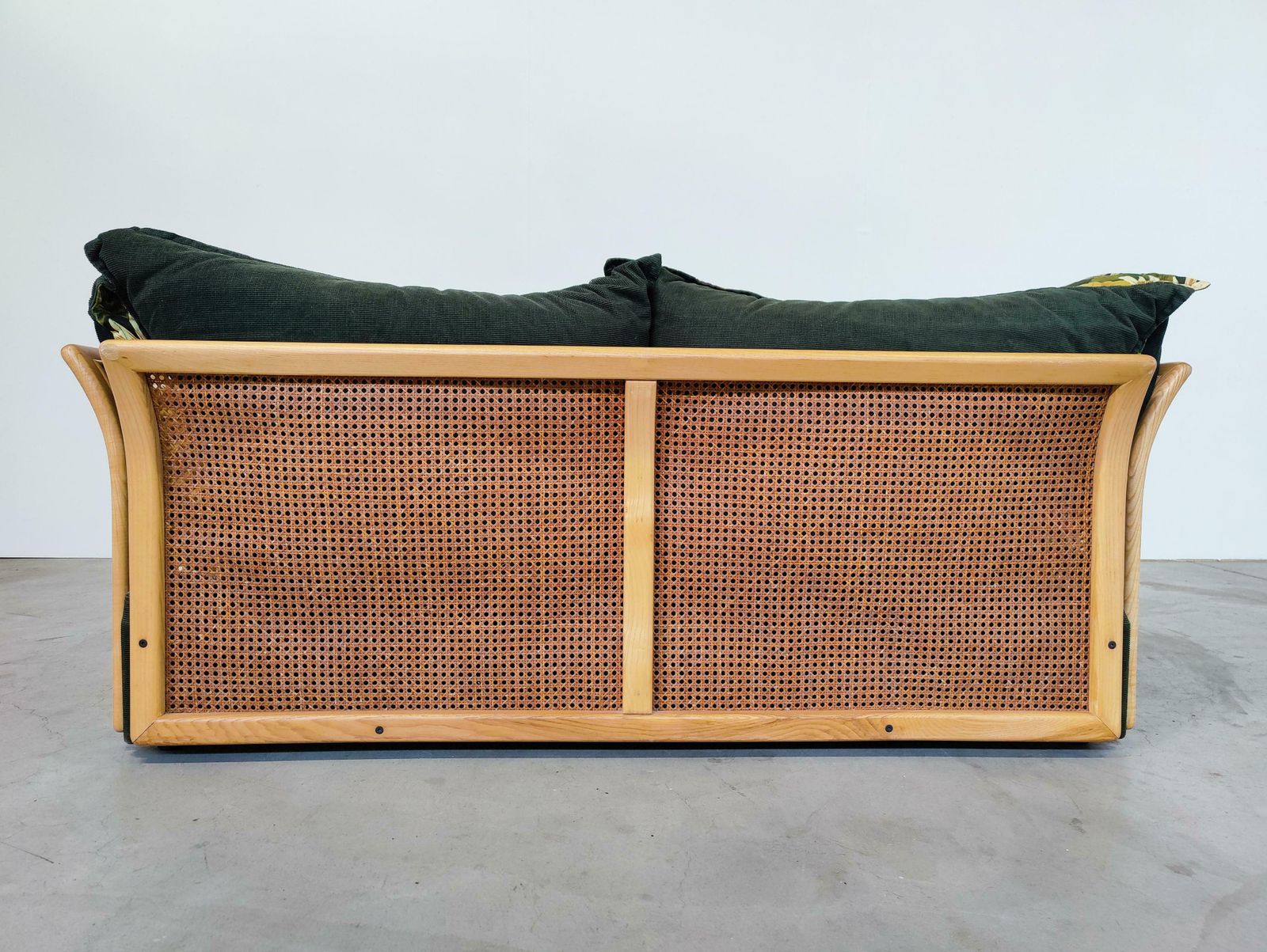 Mid Century Modern Italian Sofa, Rattan And Original Fabric, 1970s photo vintage