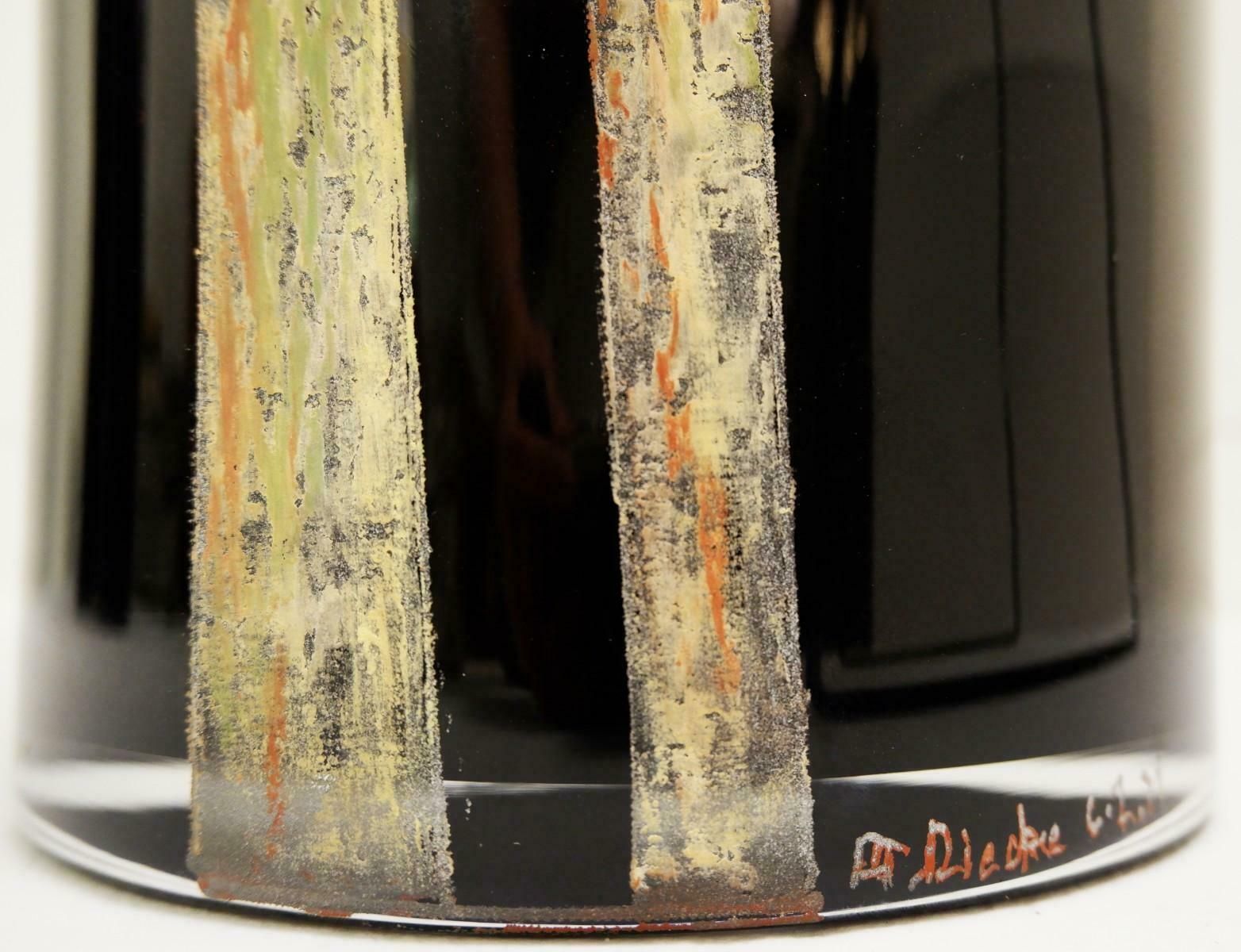 A. Riecke Cylindrical Vase In Black Engraved Glass Signed And Dated 20th Century photo Home Decor