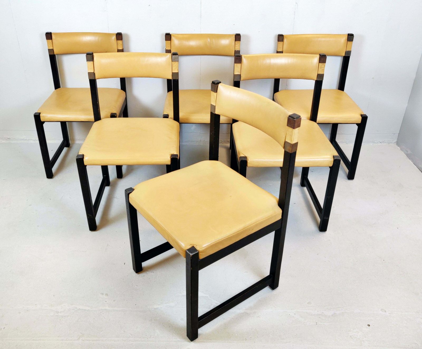 Set Of Six Chairs, Wood And Leather, Circa 1970 photo vintage