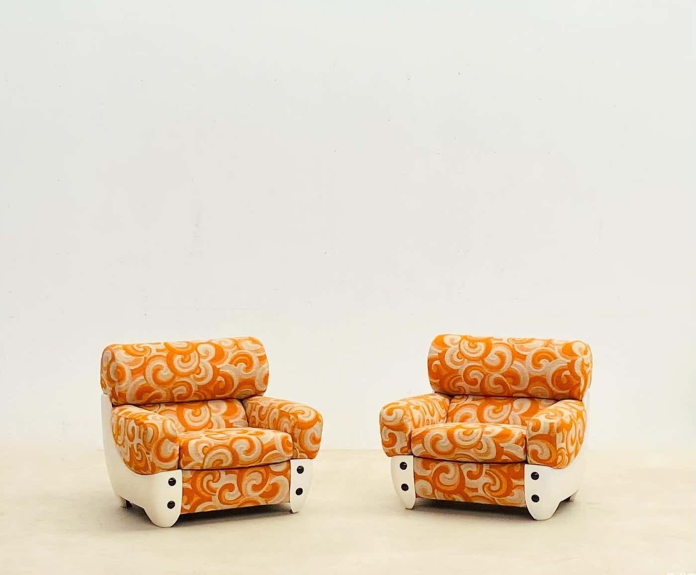 photo for sale Mid Century Modern Pair Of Orange Armchairs, Italy, 1970s, Original Upholstery