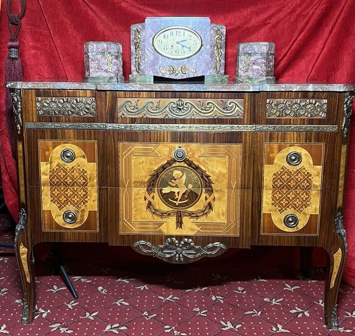 French Régency Ormolu/Marquetry Inlaid Breakfront Marble Top Commode
