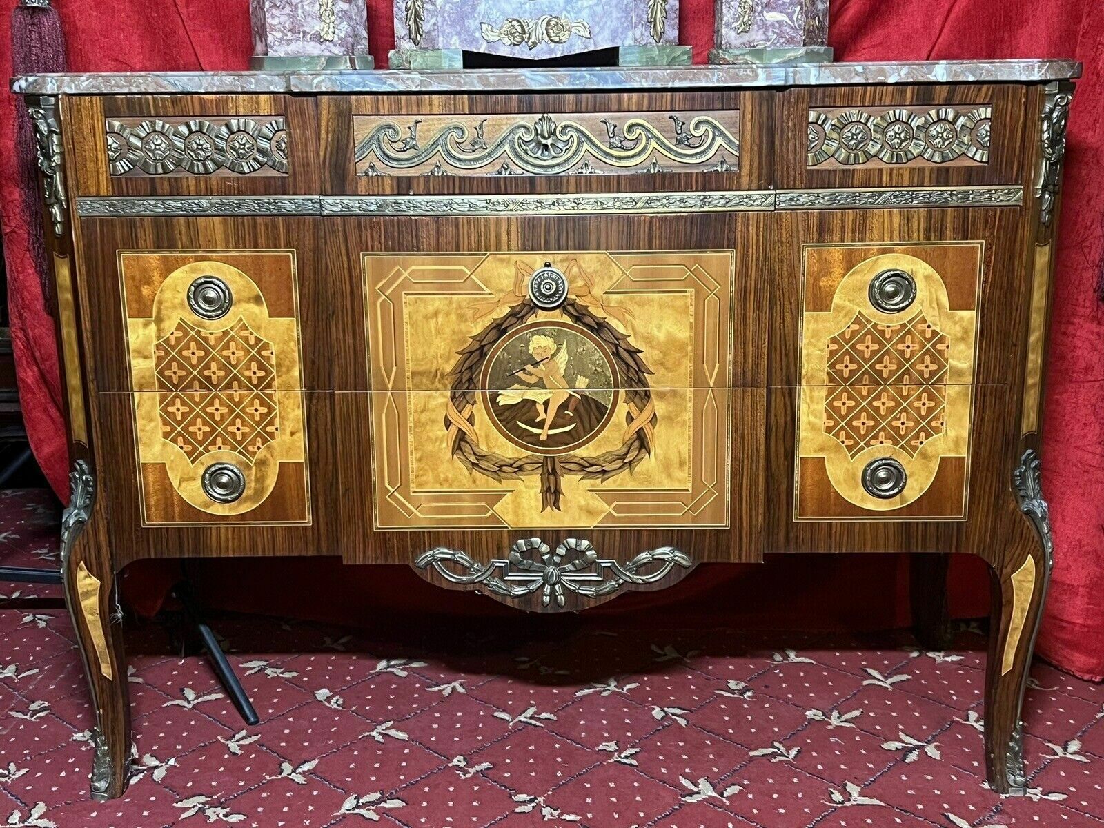 French Régency Ormolu/Marquetry Inlaid Breakfront Marble Top Commode photo for sale