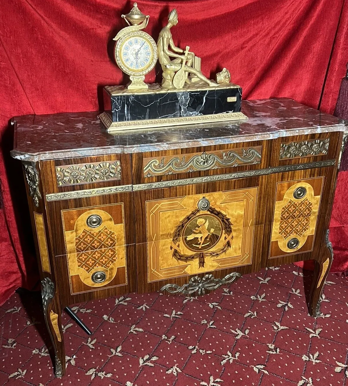 French Régency Ormolu/Marquetry Inlaid Breakfront Marble Top Commode photo vinterior