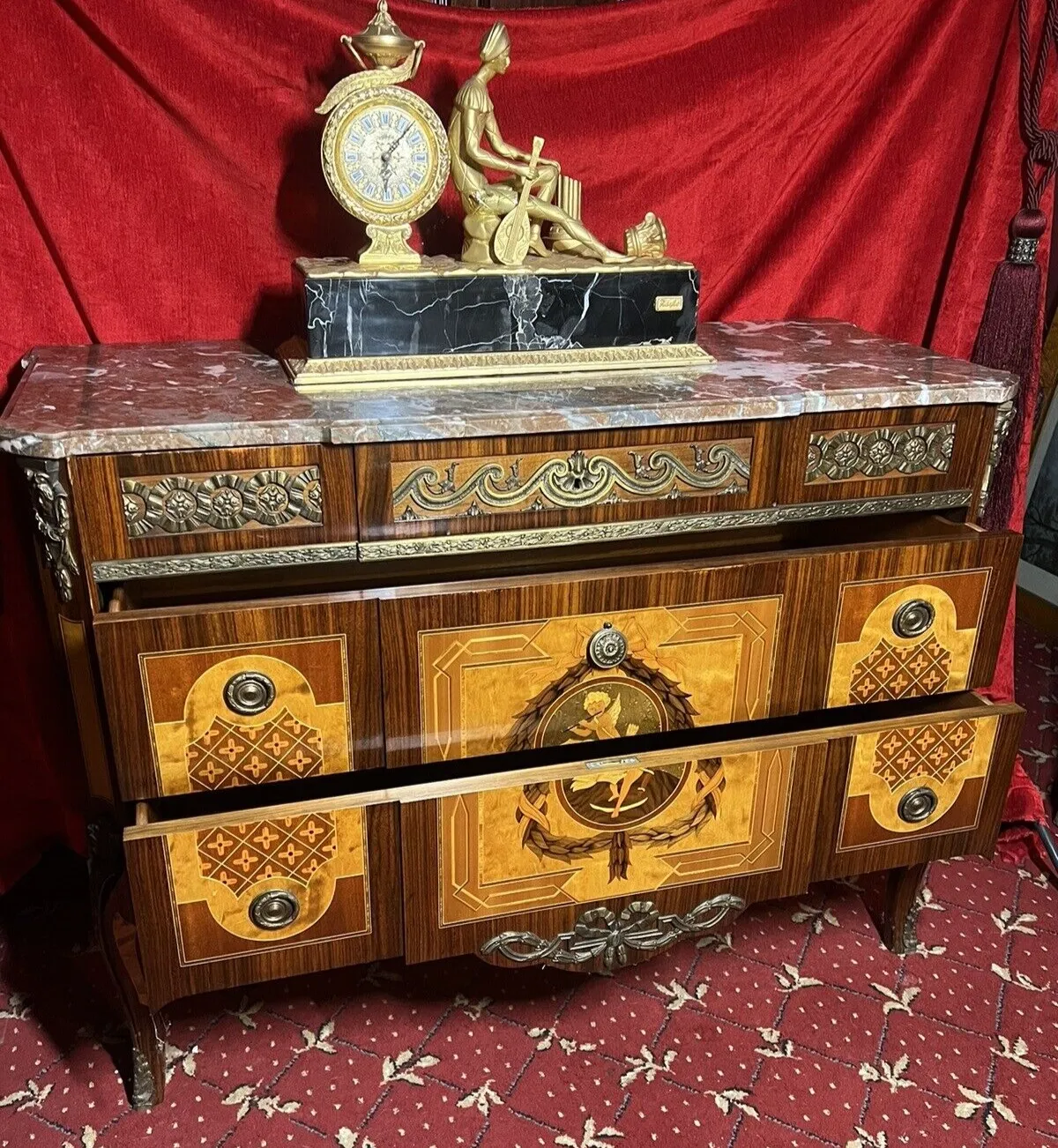 French Régency Ormolu/Marquetry Inlaid Breakfront Marble Top Commode photo vintage