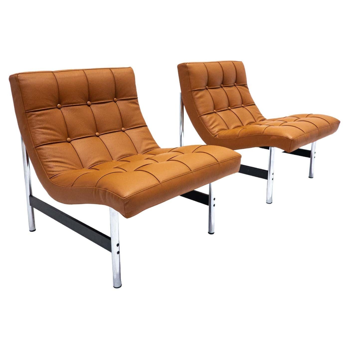 Mid Century Modern Pair Of Italian Armchairs, Cognac Leather, 1970s