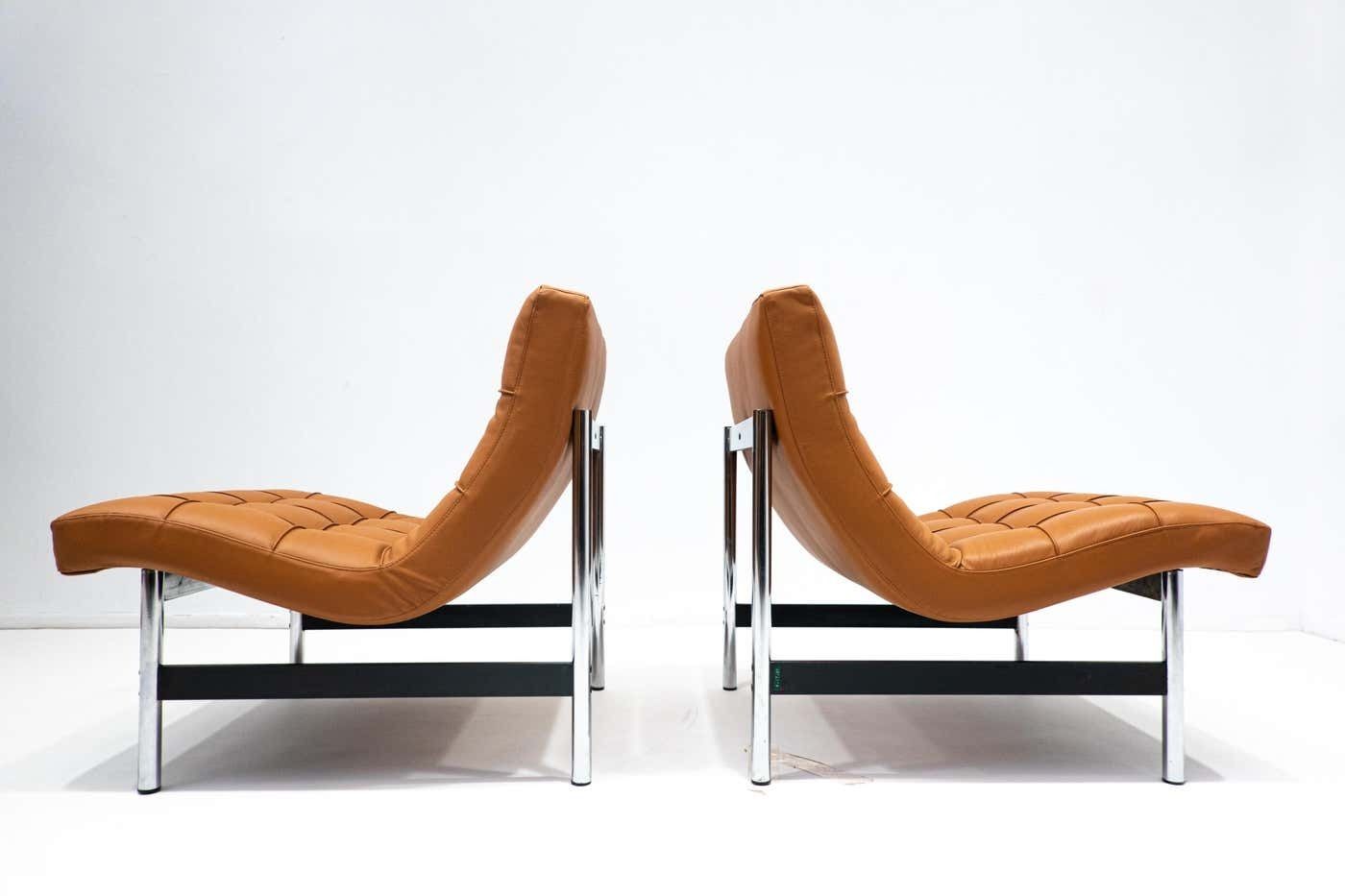 Mid Century Modern Pair Of Italian Armchairs, Cognac Leather, 1970s photo for sale