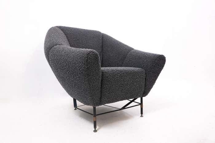 Mid Century Modern Italian Armchair, 1950s  Black Bouclette Fabric photo furniture