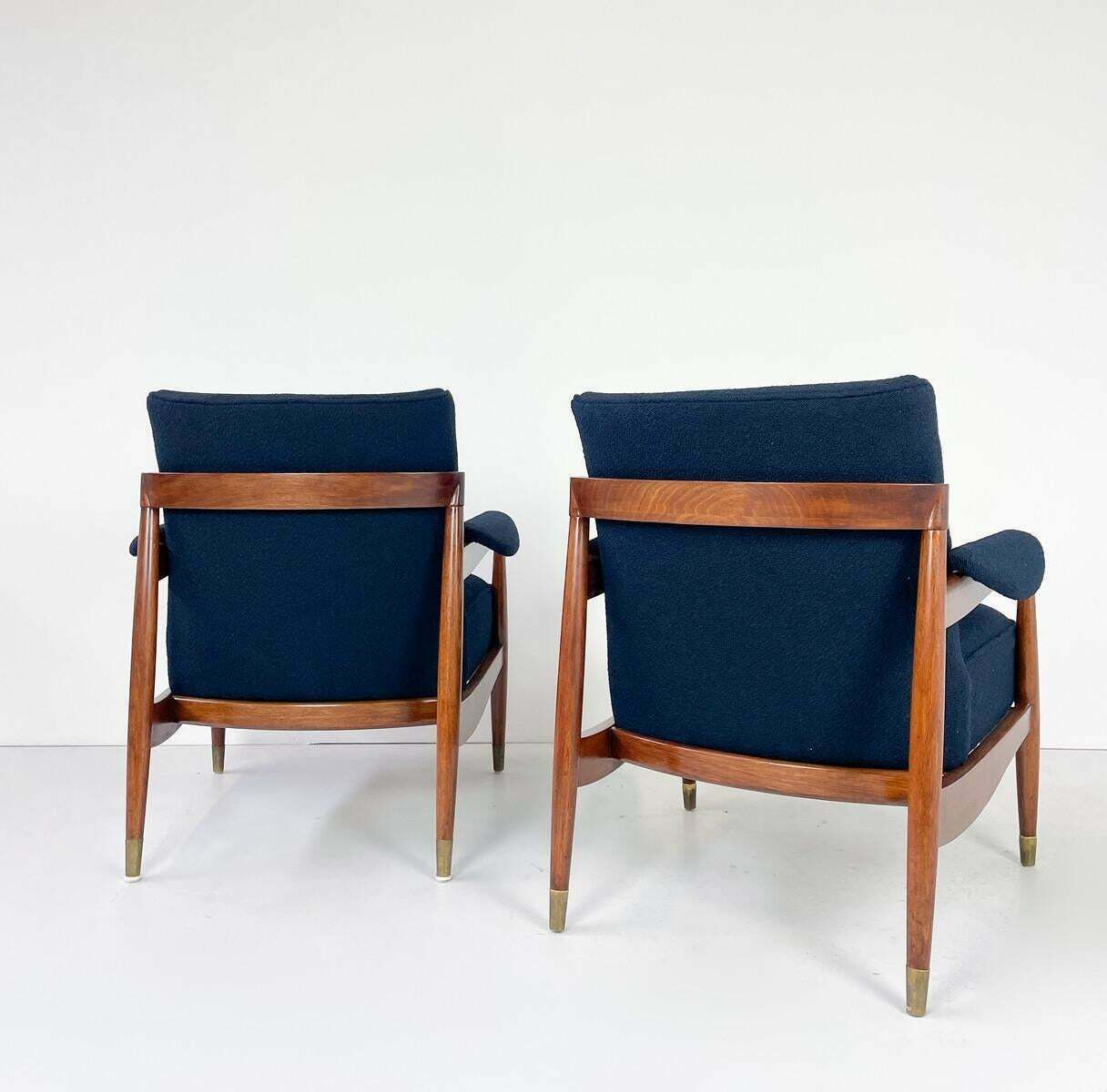 Mid Century Modern Pair Of Armchairs, Wood And Blue Boucle Fabric, Italy, 1960s photo buy