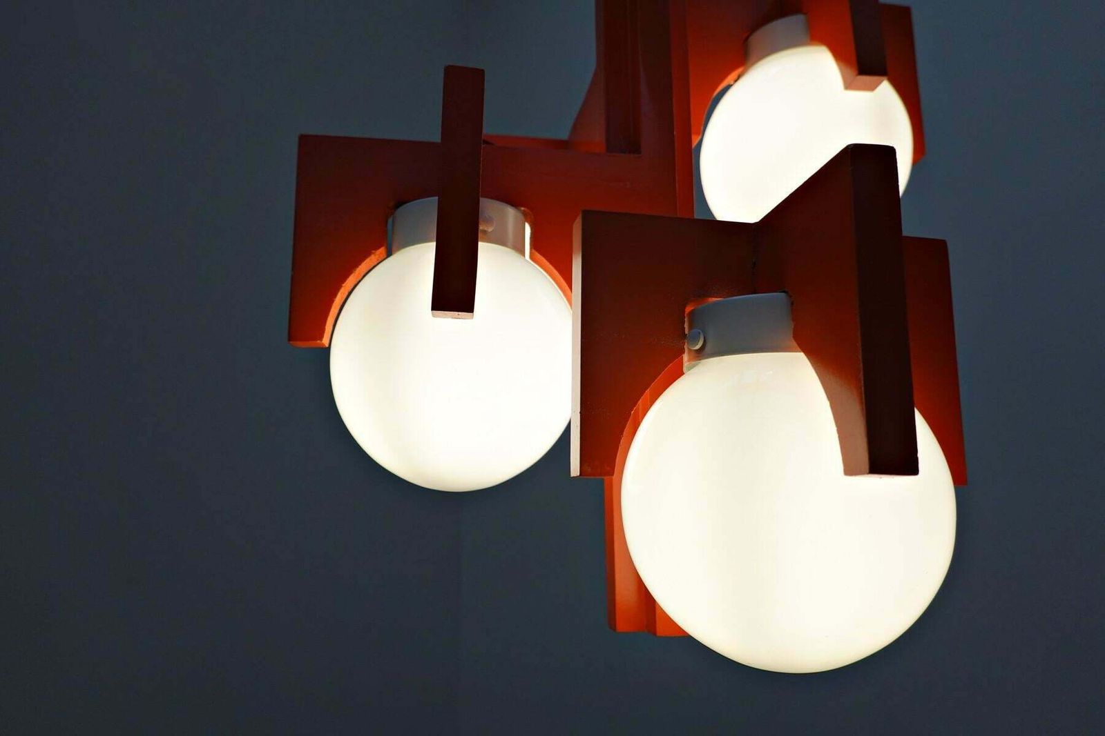 Mid Century Red Lacquered Wood And Opaline Suspension, Italy 1970s photo Lighting