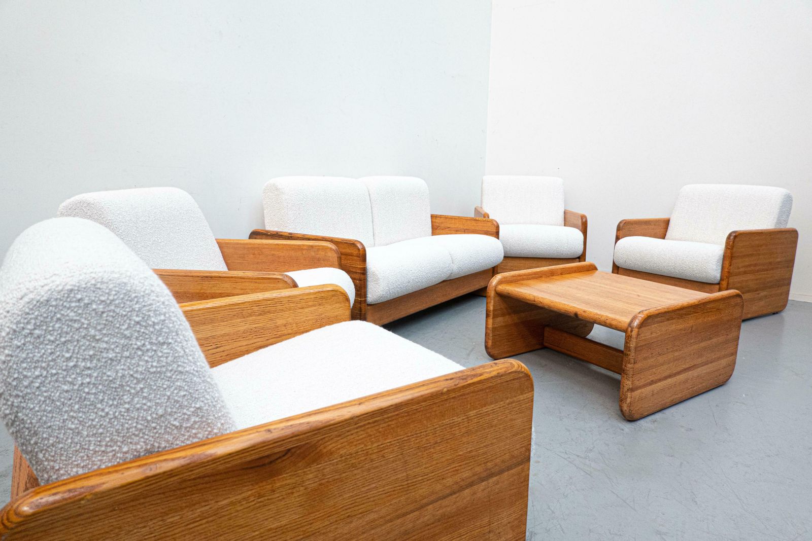 Mid Century Modern Italian Lounge Set, White Boucle And Oak, 1960s photo for sale