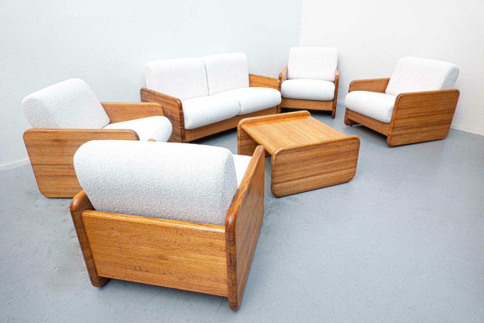 Mid Century Modern Italian Lounge Set, White Boucle And Oak, 1960s photo Furniture