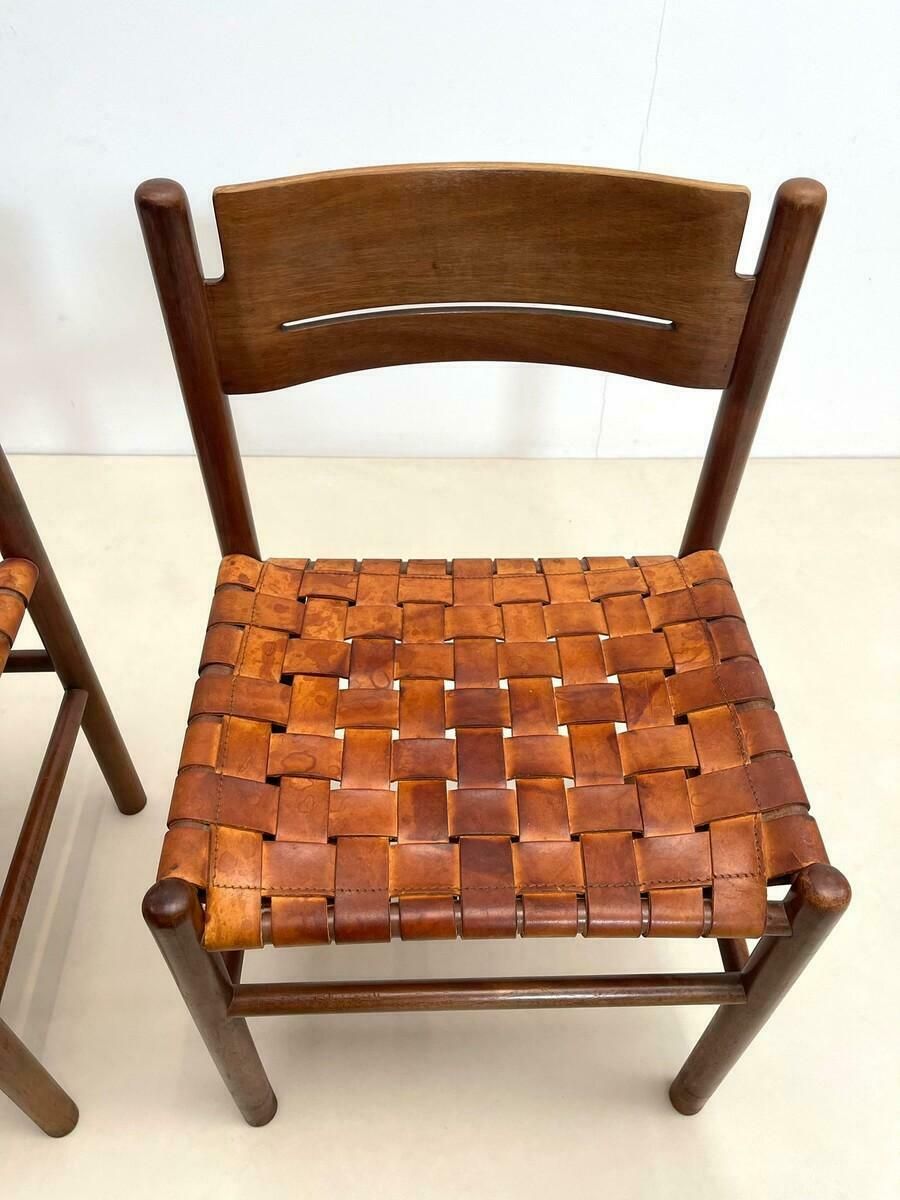 Set Of 4 Mid Century Wood And Leather Dining Chairs, Italy, 1960s photo Furniture