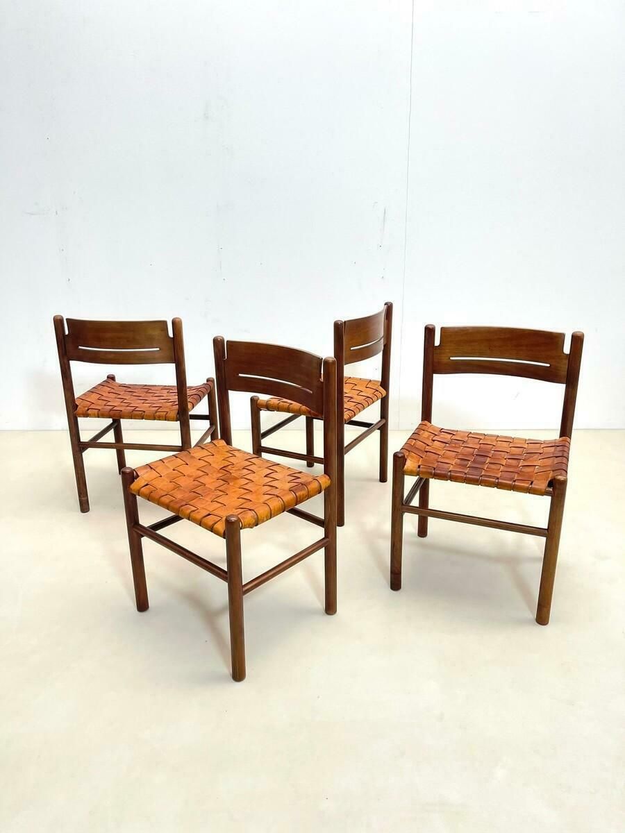 Set Of 4 Mid Century Wood And Leather Dining Chairs, Italy, 1960s photo 2972.0