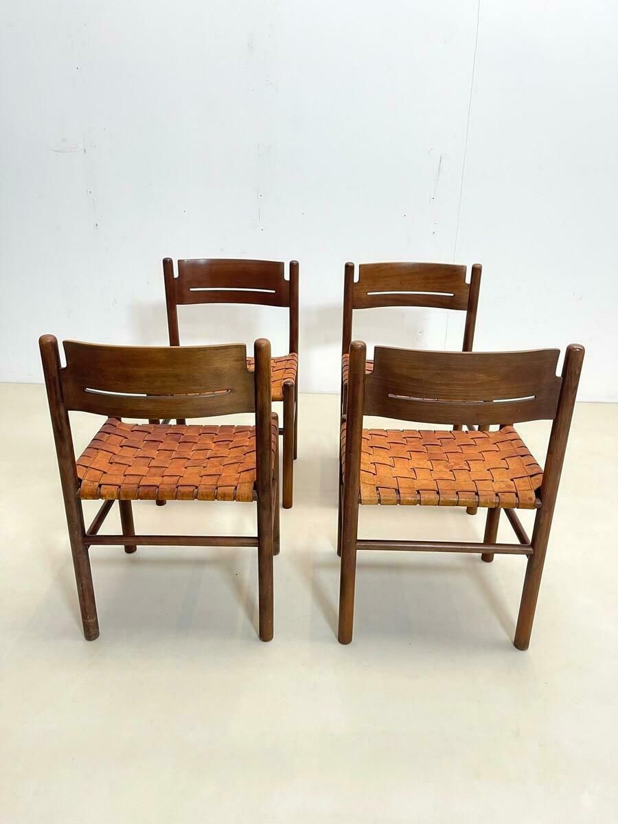 Set Of 4 Mid Century Wood And Leather Dining Chairs, Italy, 1960s photo vintage