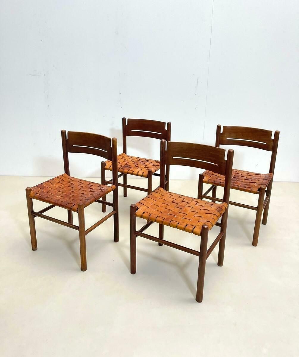 photo buy Set Of 4 Mid Century Wood And Leather Dining Chairs, Italy, 1960s