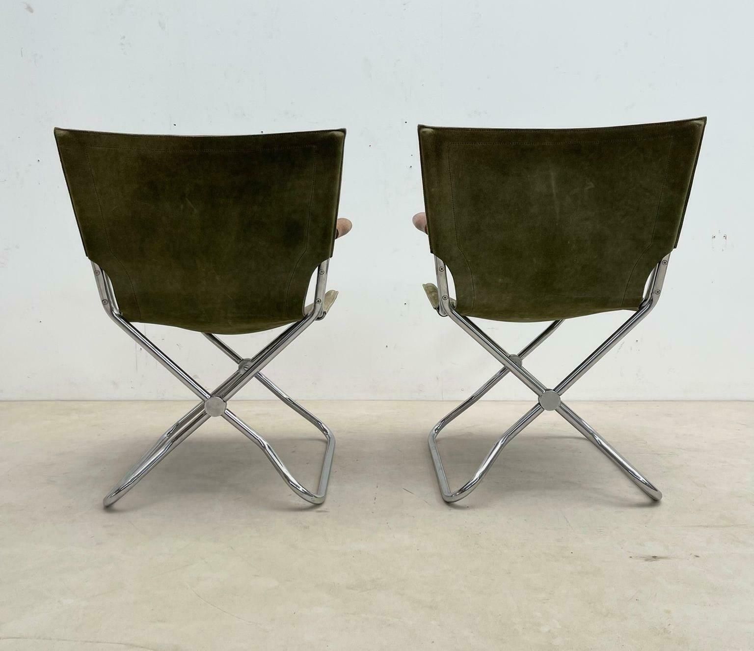 Set Of 4 Mid Century Wood Metal And Green Canvas Folding Armchairs photo Furniture
