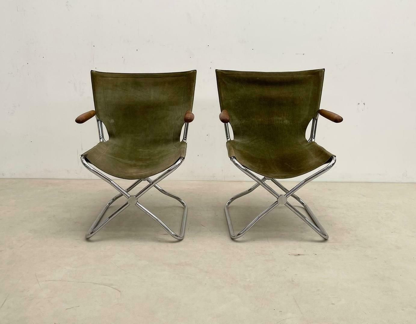 Set Of 4 Mid Century Wood Metal And Green Canvas Folding Armchairs photo 2654.0