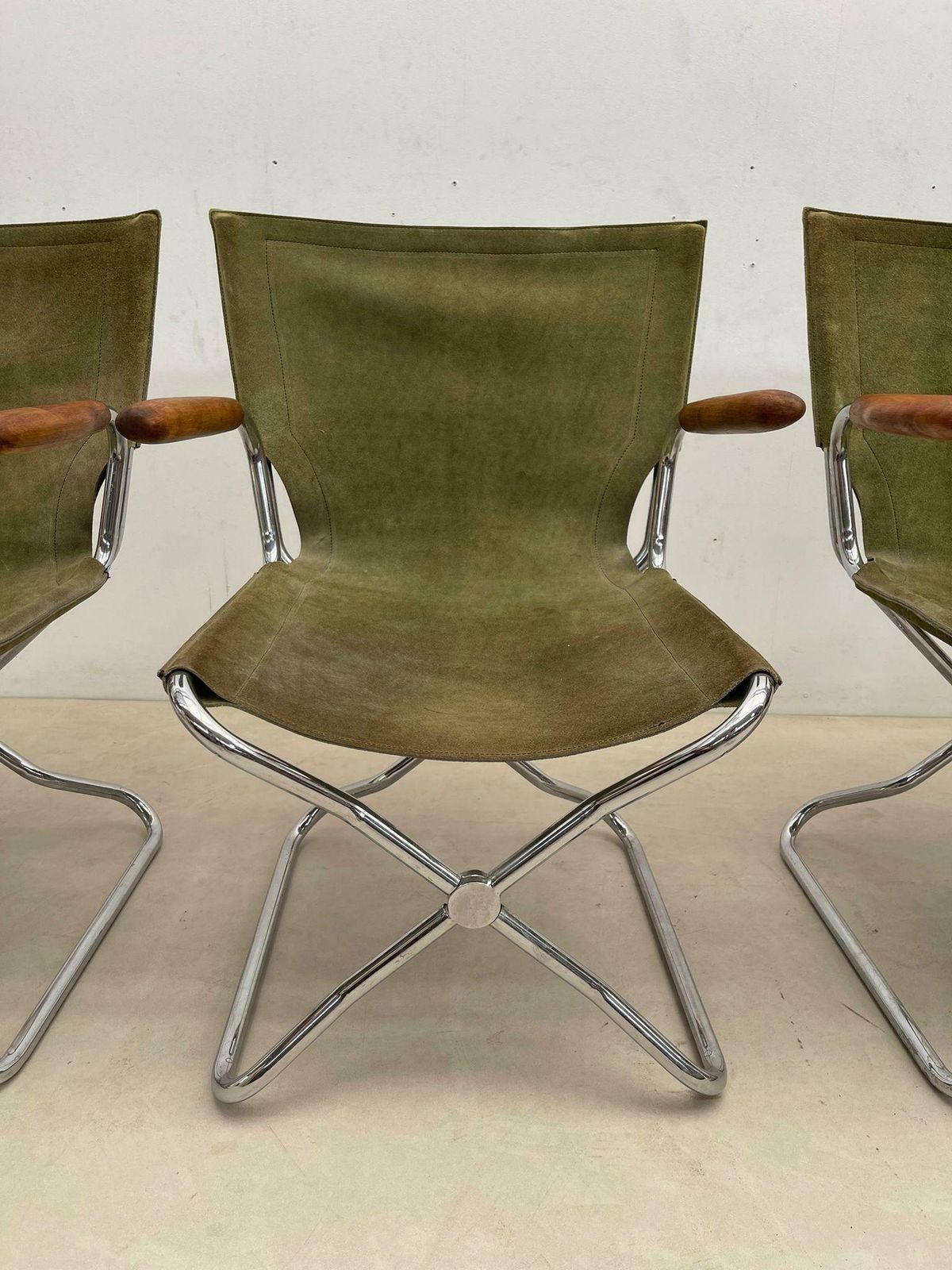 Set Of 4 Mid Century Wood Metal And Green Canvas Folding Armchairs photo buy