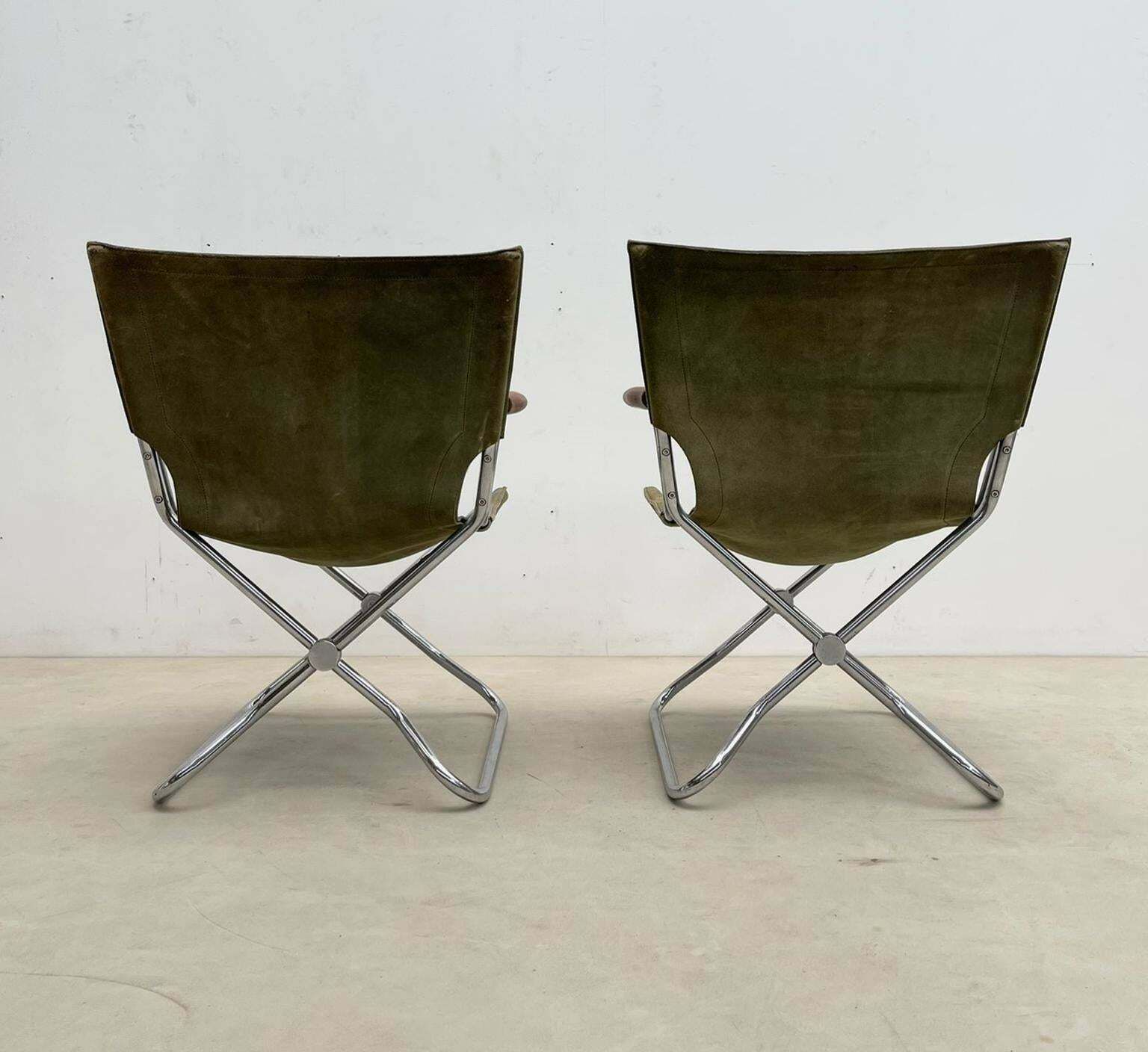 photo for sale Set Of 4 Mid Century Wood Metal And Green Canvas Folding Armchairs