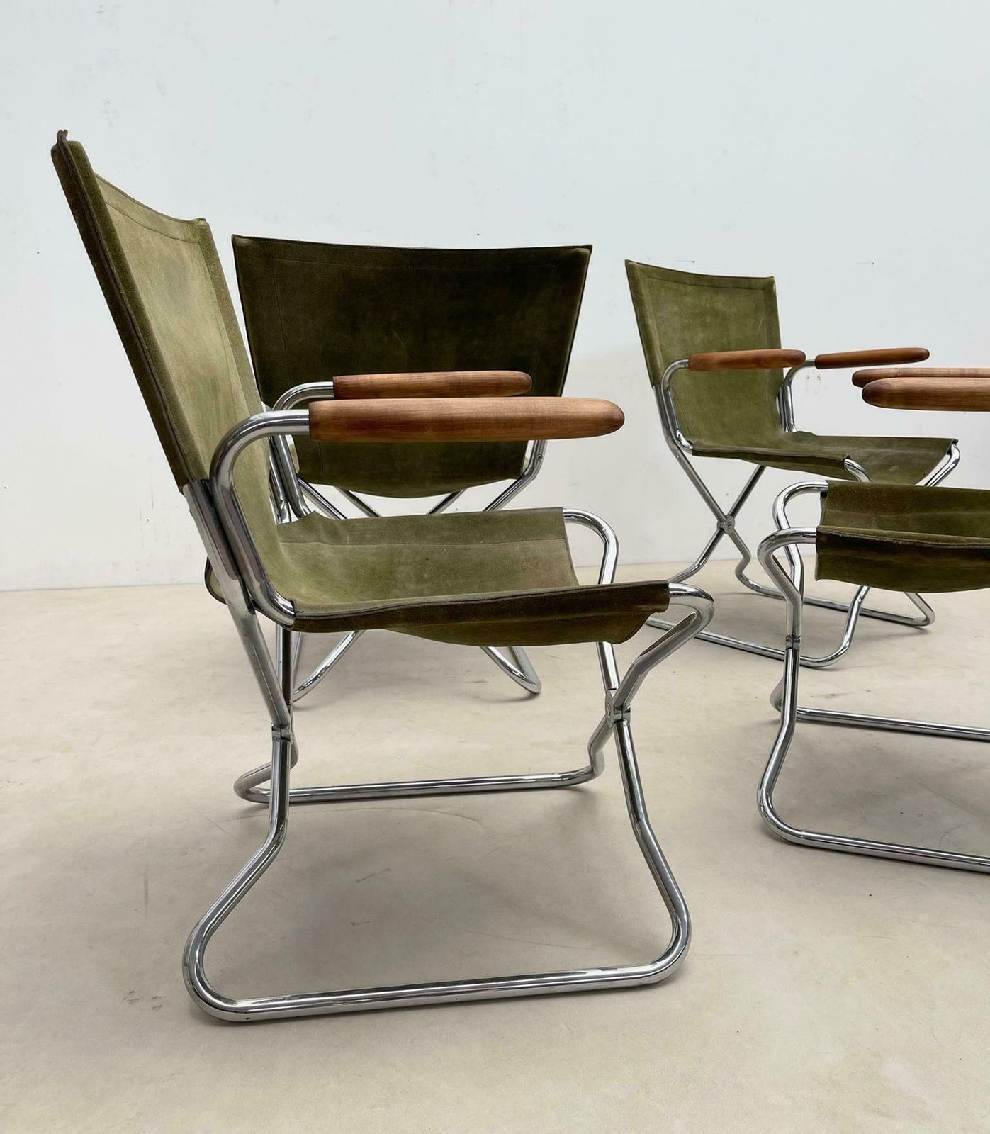 photo buy Set Of 4 Mid Century Wood Metal And Green Canvas Folding Armchairs