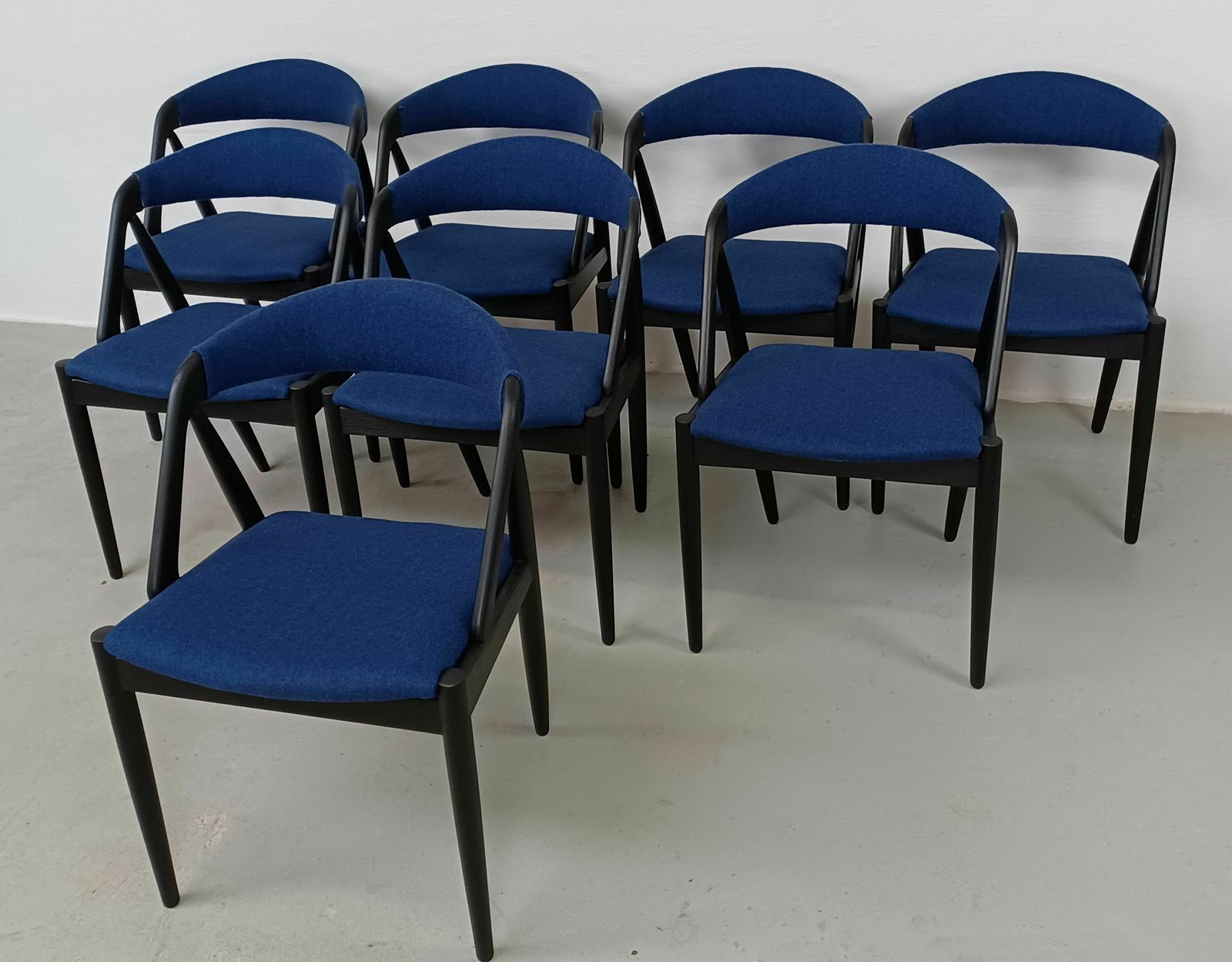 Set Of Eight Fully Restored Kai Kristiansen Dining Chairs In Ebonized Oak And Blue Fabric photo for sale