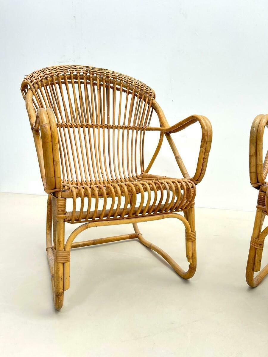 photo for sale Pair Of Mid Century Modern Rattan Armchairs, Italy, 1960s