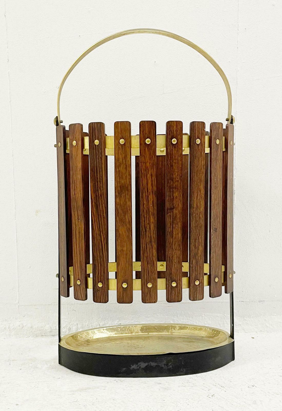 Mid Century Wood And Brass Umbrella Stand, Italy 1950s photo for sale