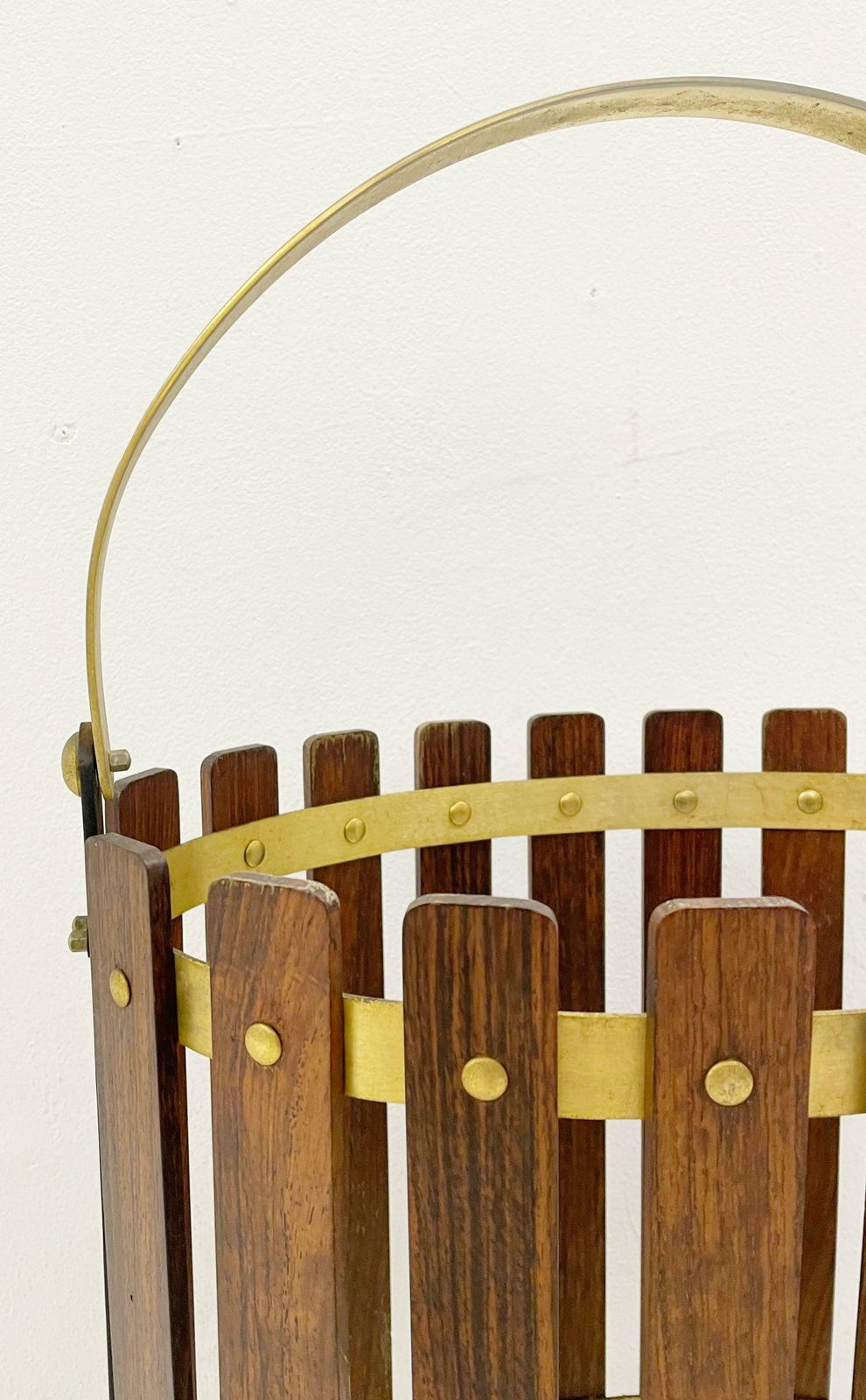 Mid Century Wood And Brass Umbrella Stand, Italy 1950s photo vinterior