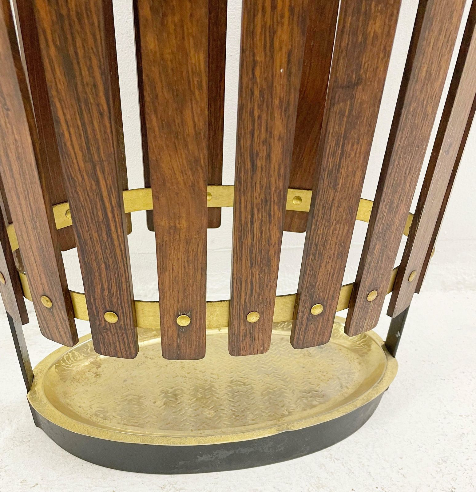 Mid Century Wood And Brass Umbrella Stand, Italy 1950s photo buy