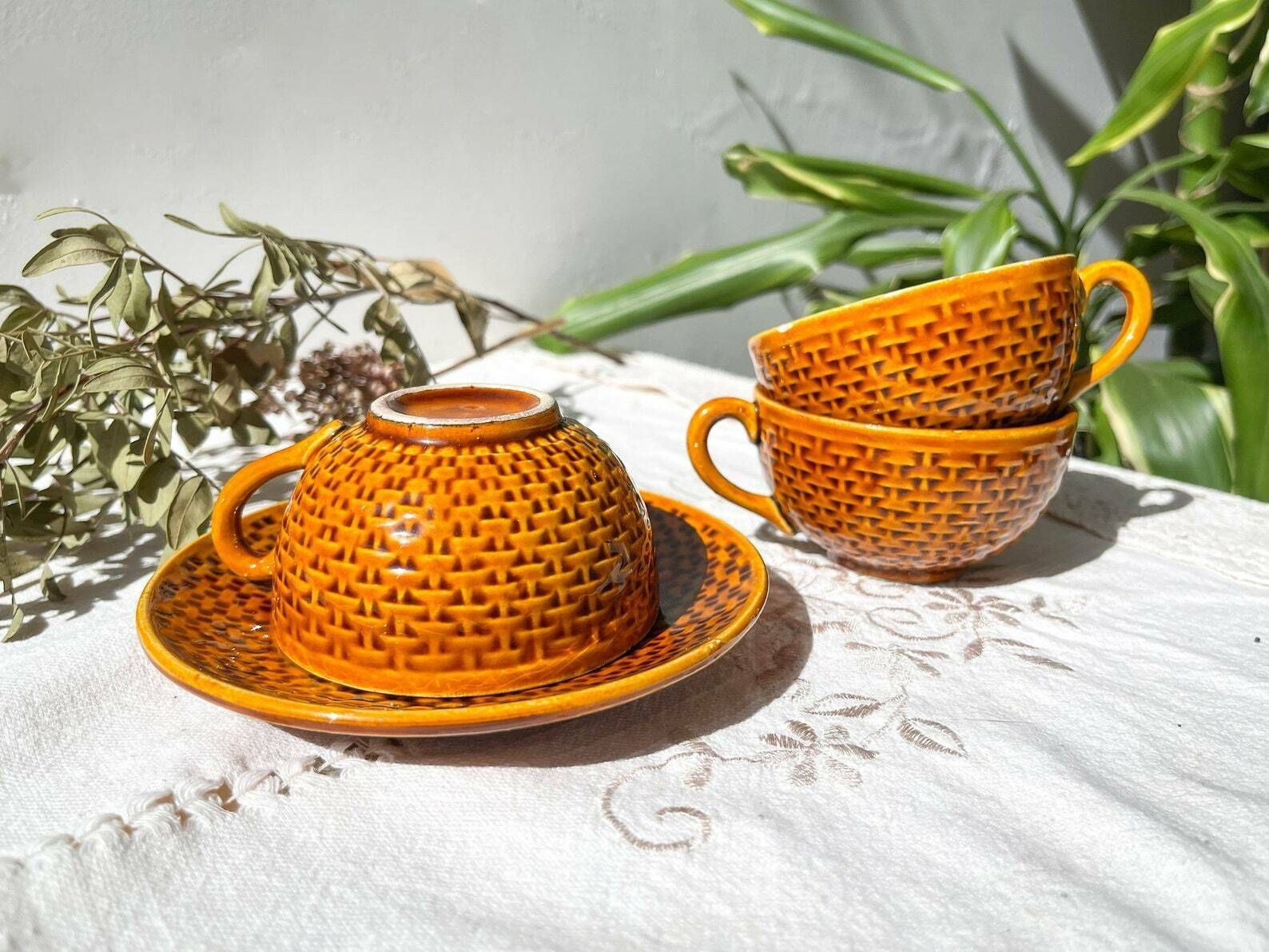 4 Vintage Coffee Cups In Caramel Earthenware   Vintage Coffee Service   Tea Cups   Vintage Coffee Cups photo buy