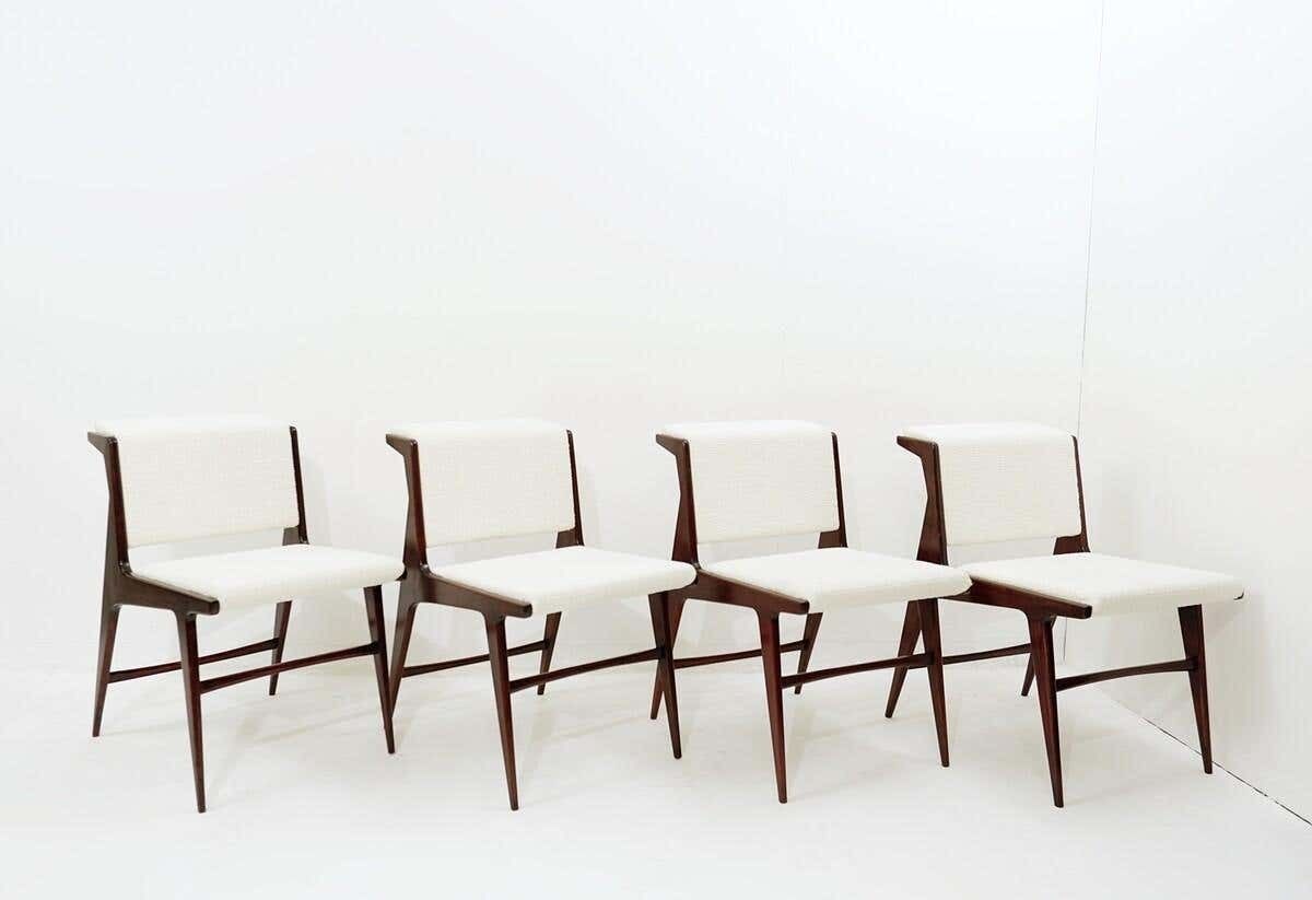 Set Of 4 Mid Century Modern Italian Chairs, Wood And White Fabric, 1960s photo for sale