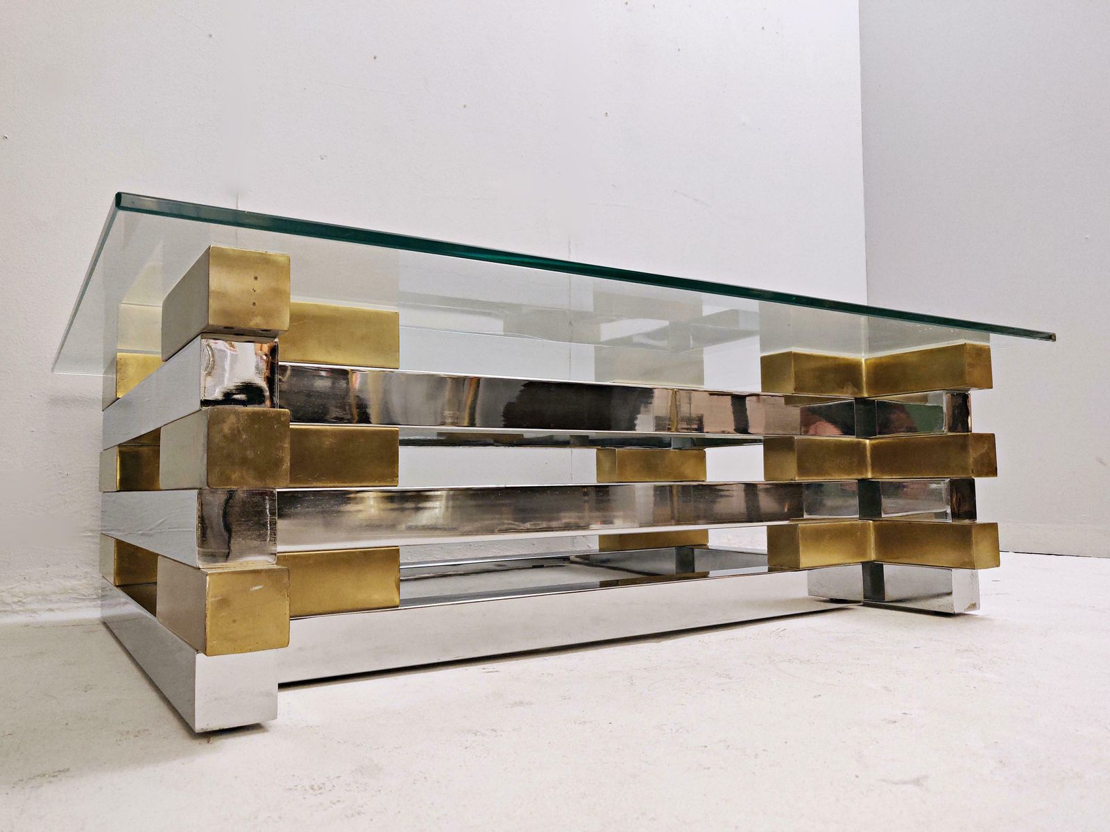 Mid Century Modern Coffee Table In Brass, Chrome And Glass photo buy