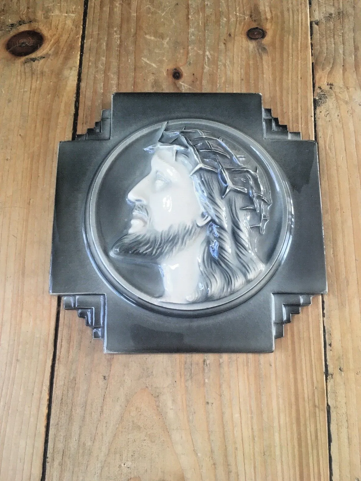 Vintage Art Deco Style Jesus Christ Pottery Wall Plaque Religious After S. Norga