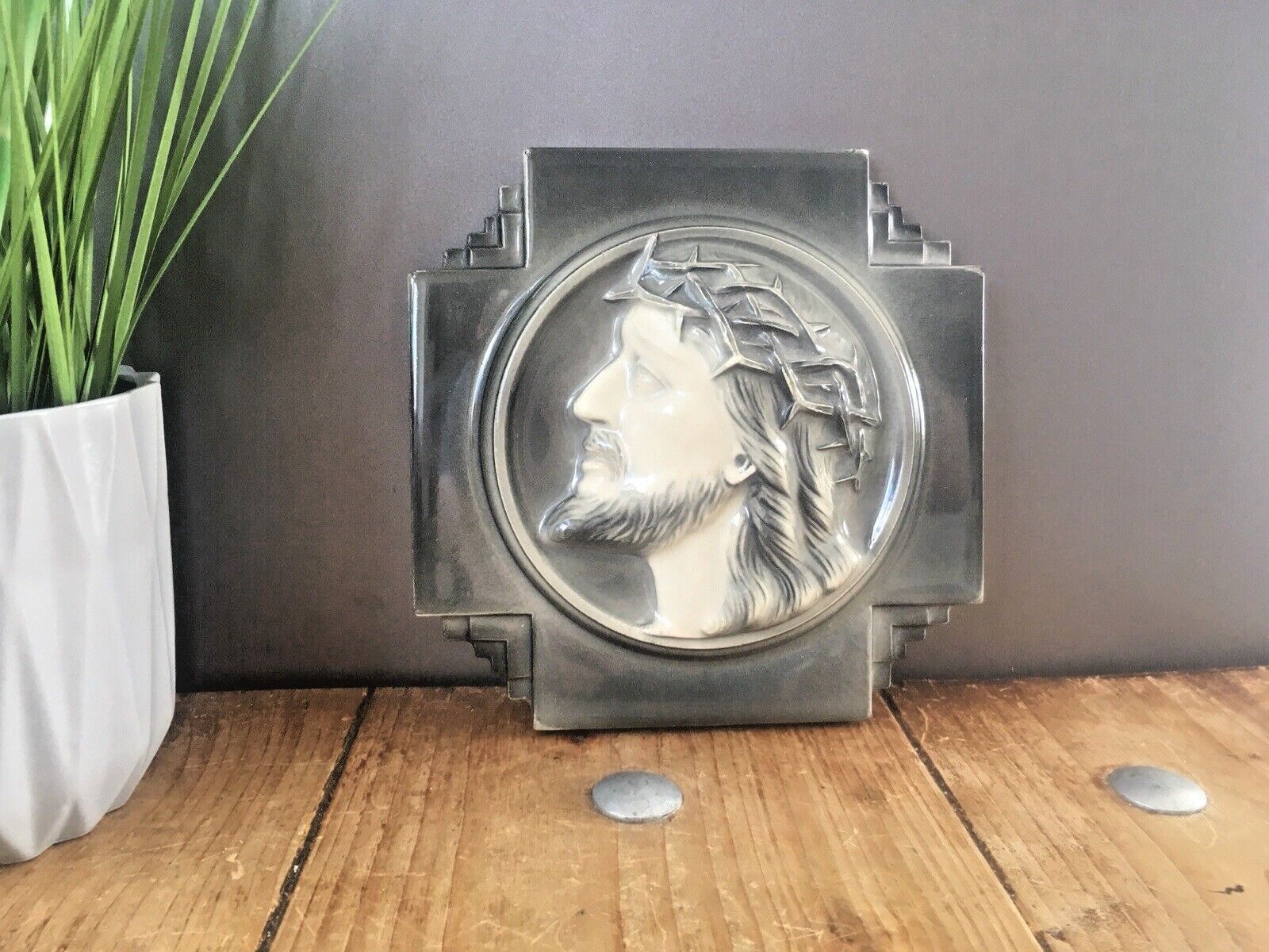 Vintage Art Deco Style Jesus Christ Pottery Wall Plaque Religious After S. Norga photo for sale