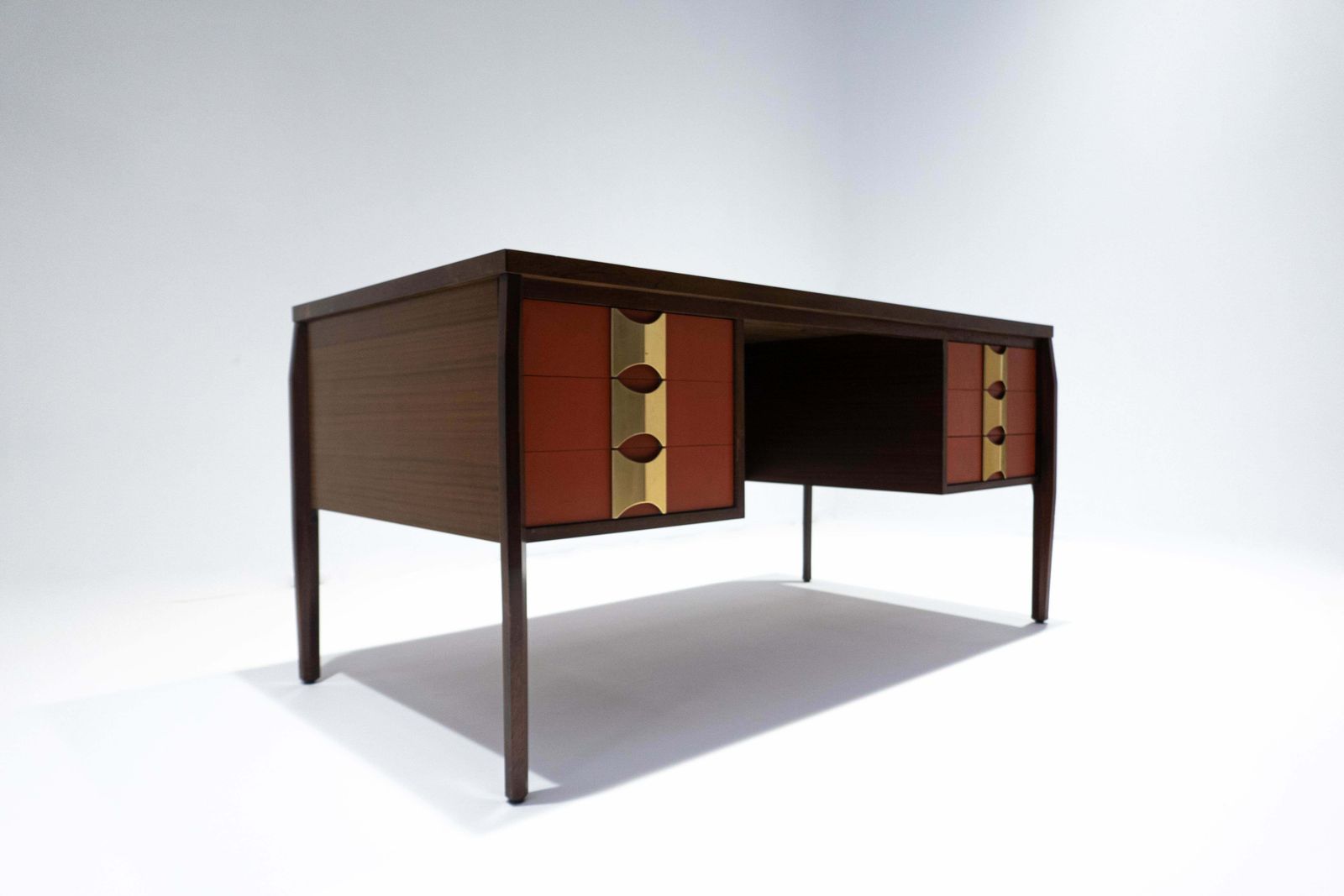 Mid Century Modern Wooden Desk With 6 Drawers, Italy, 1960s photo for sale