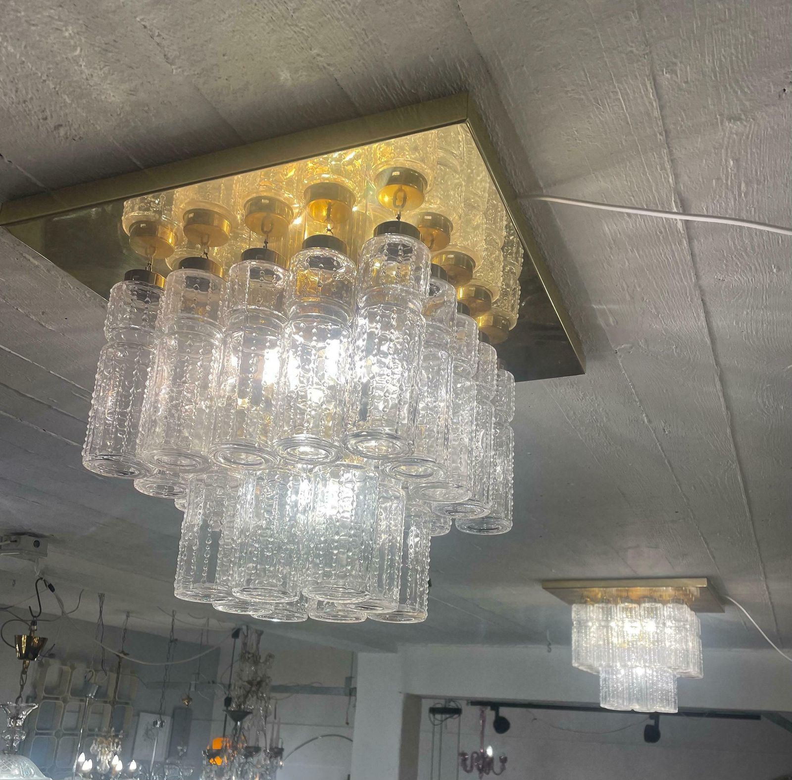 Mid Century Modern Ceiling Light, Brass And Glass By Kalmar, Austria, 1960s photo for sale