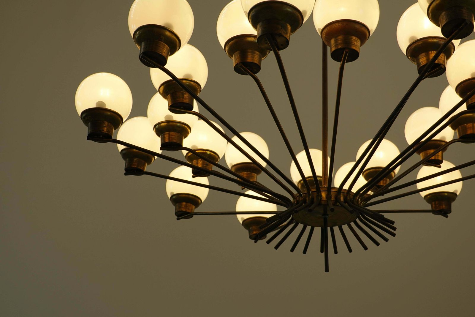 Lighting Mid Century Modern Italian Brass And Opaline Chandelier photo