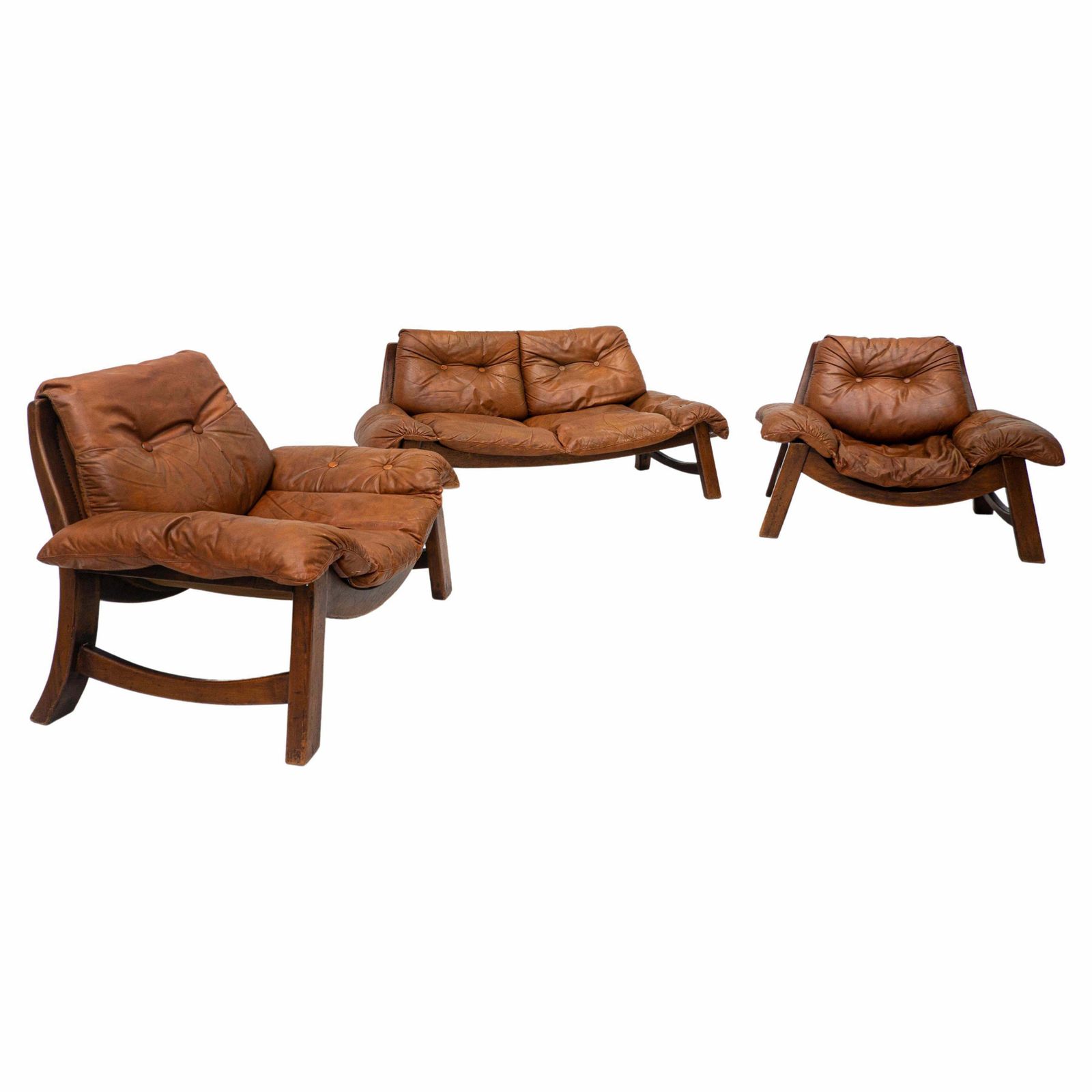 Mid Century Lounge Set, Original Cognac Leather, Brazilian Style, 1960s