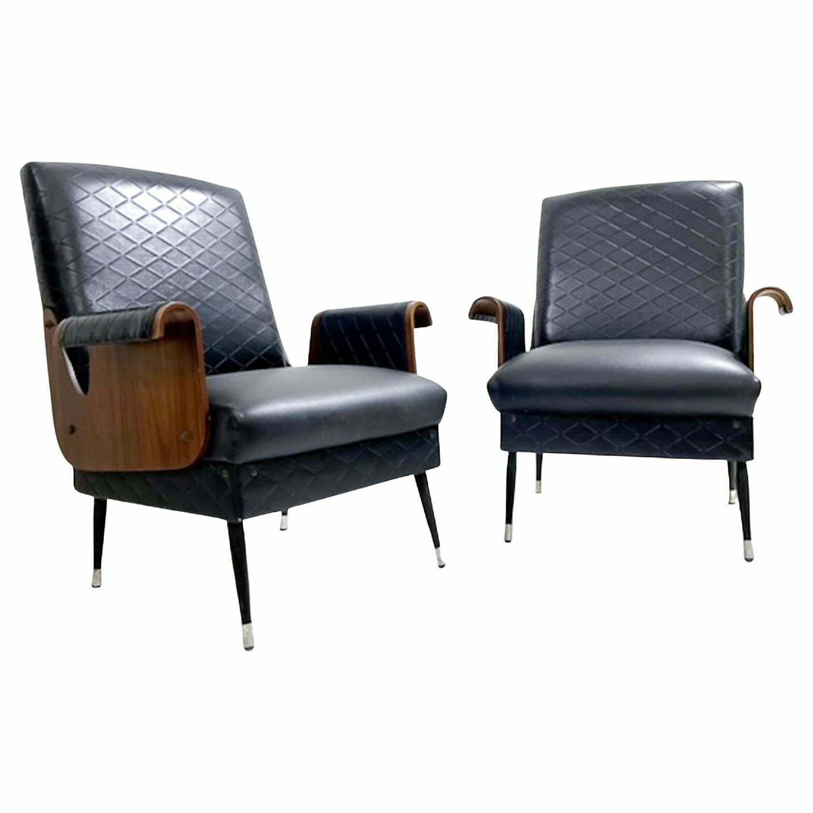 Pair Of Mid Century Modern Armchairs, Walnut And Vegan Leather, Italy, 1960s