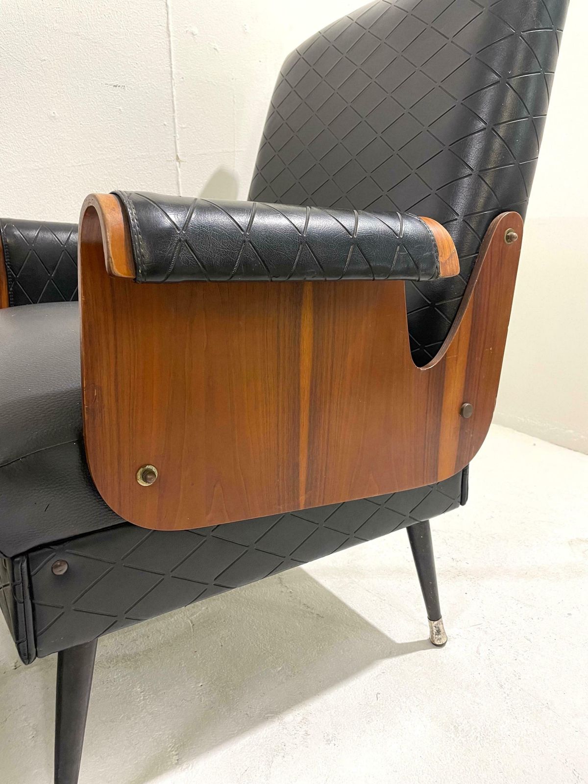 Pair Of Mid Century Modern Armchairs, Walnut And Vegan Leather, Italy, 1960s photo buy