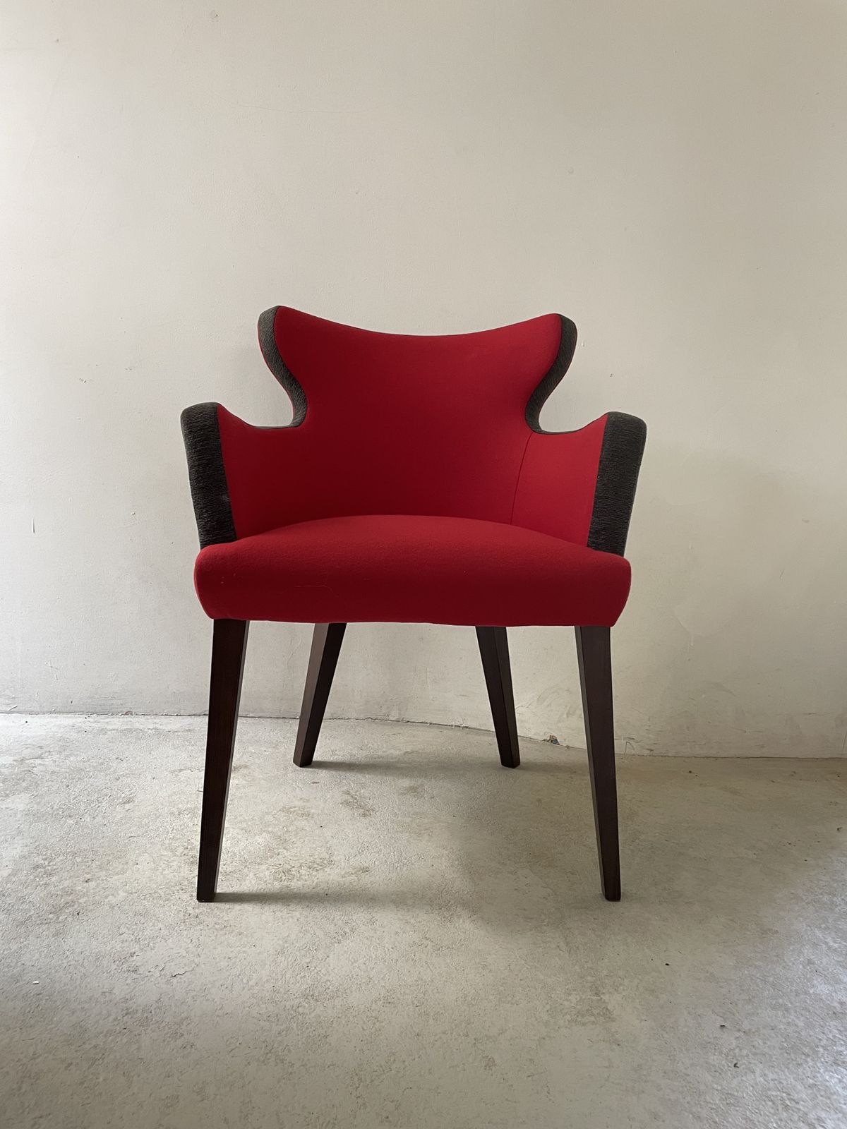 Red & Grey Curved Back Statement Armchair With Wooden Legs    Ex. Contract Furniture