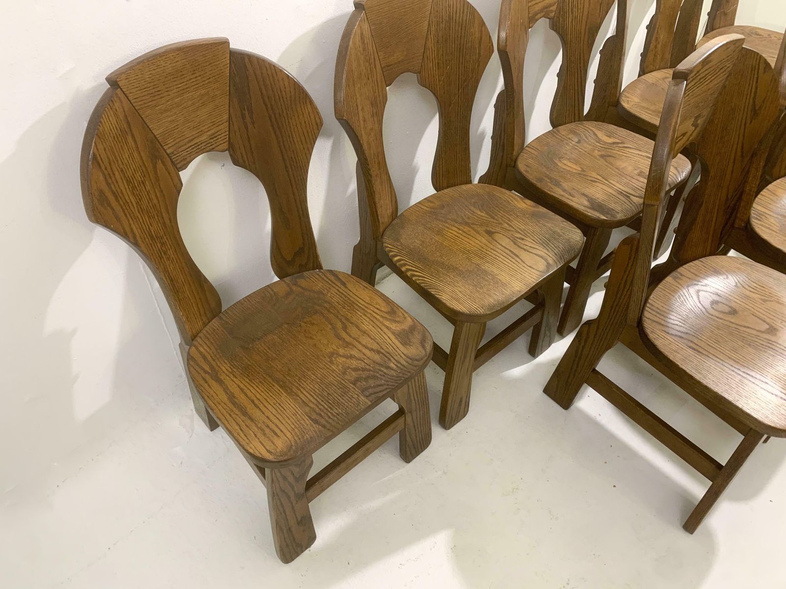 Mid Century Modern Set Of 8 Brutalist Wooden Chairs, Belgium, 1970s photo buy