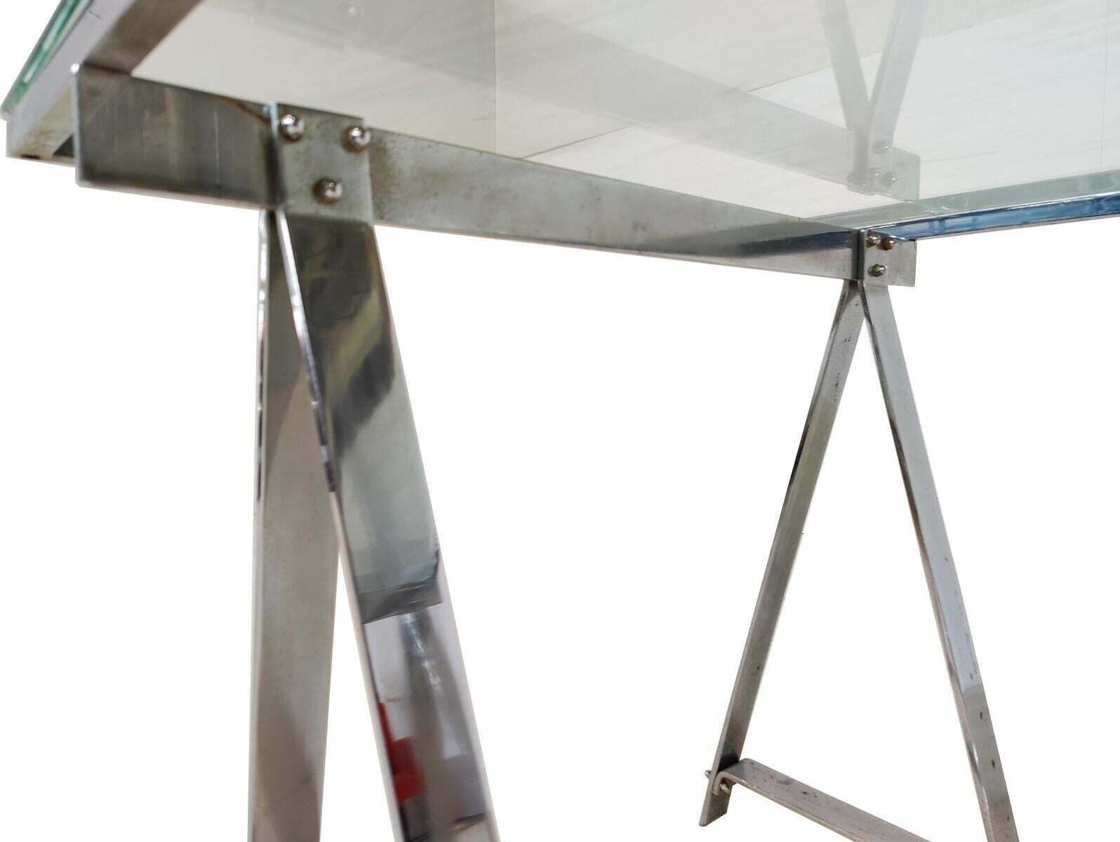 Mid Century Modern Dining Table/Desk, Chrome And Glass, Italy, 1970s photo vintage
