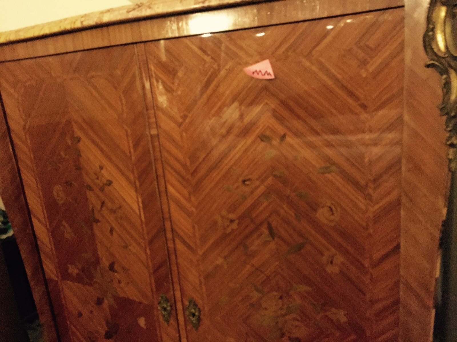 Louis XV Style Marquetry Armoire, Satin Lace Crosshatchbanding Veneer, Marble Top, 2 Doors, Roses Inlay. photo furniture