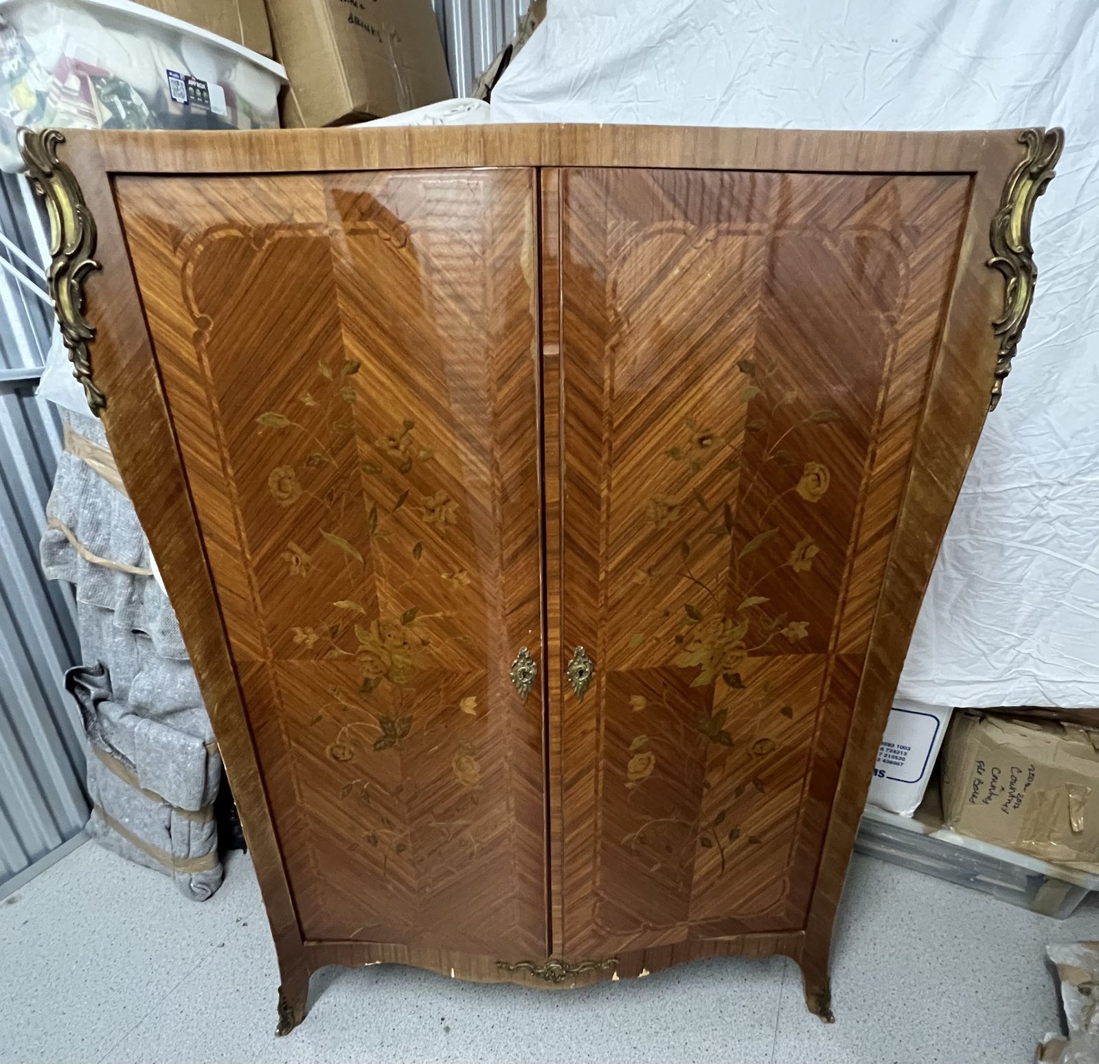 Louis XV Style Marquetry Armoire, Satin Lace Crosshatchbanding Veneer, Marble Top, 2 Doors, Roses Inlay. photo 400.0
