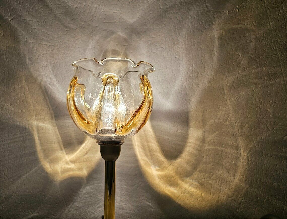 Pair Of Mid Century Modern Brass Table Lamps By Mazzega With Beautiful Murano Glass Floral Shades // Made In Italy In 1960s photo Lighting